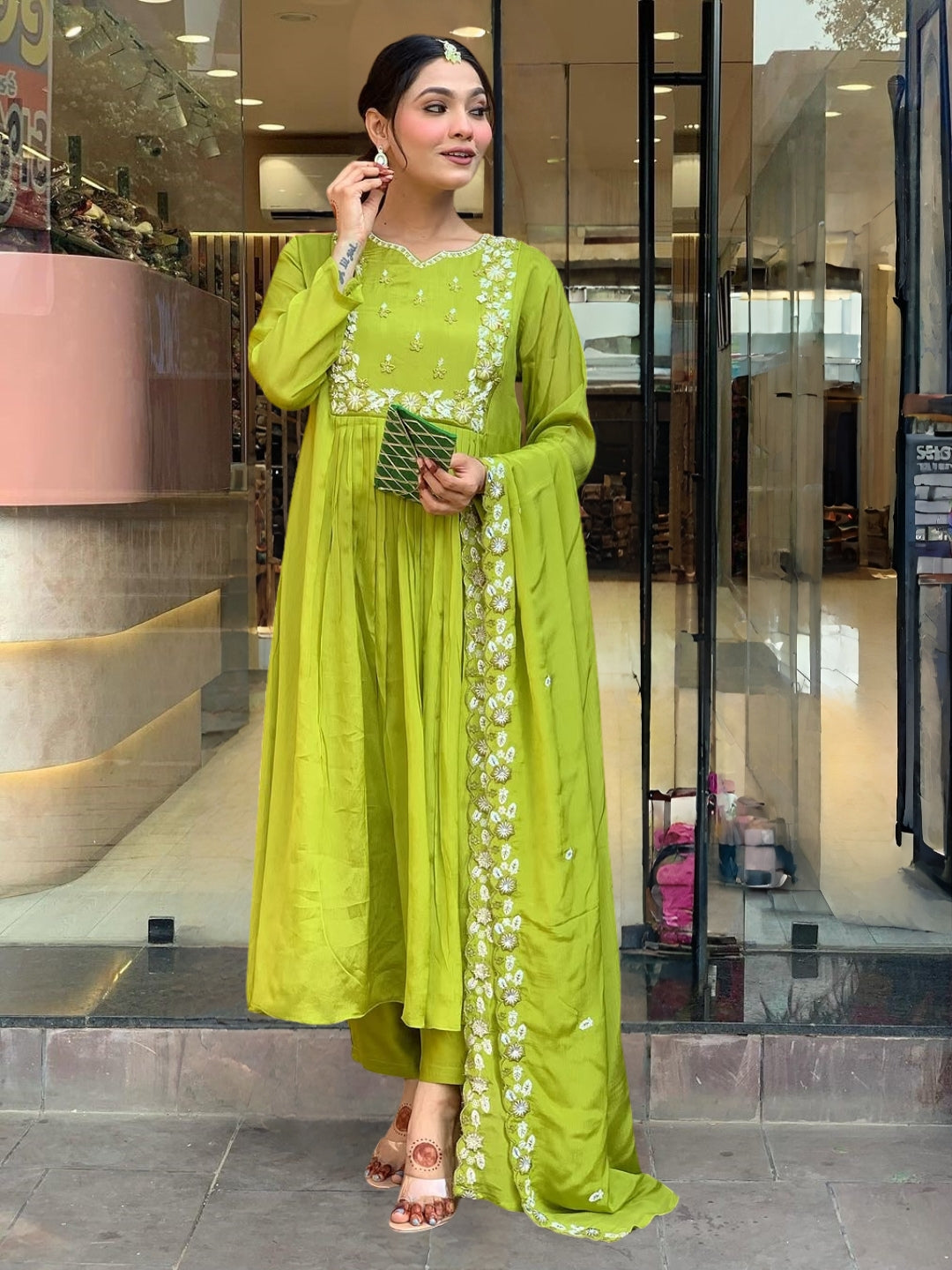Pista Green Embroidered Anarkali Kurta Pant Set