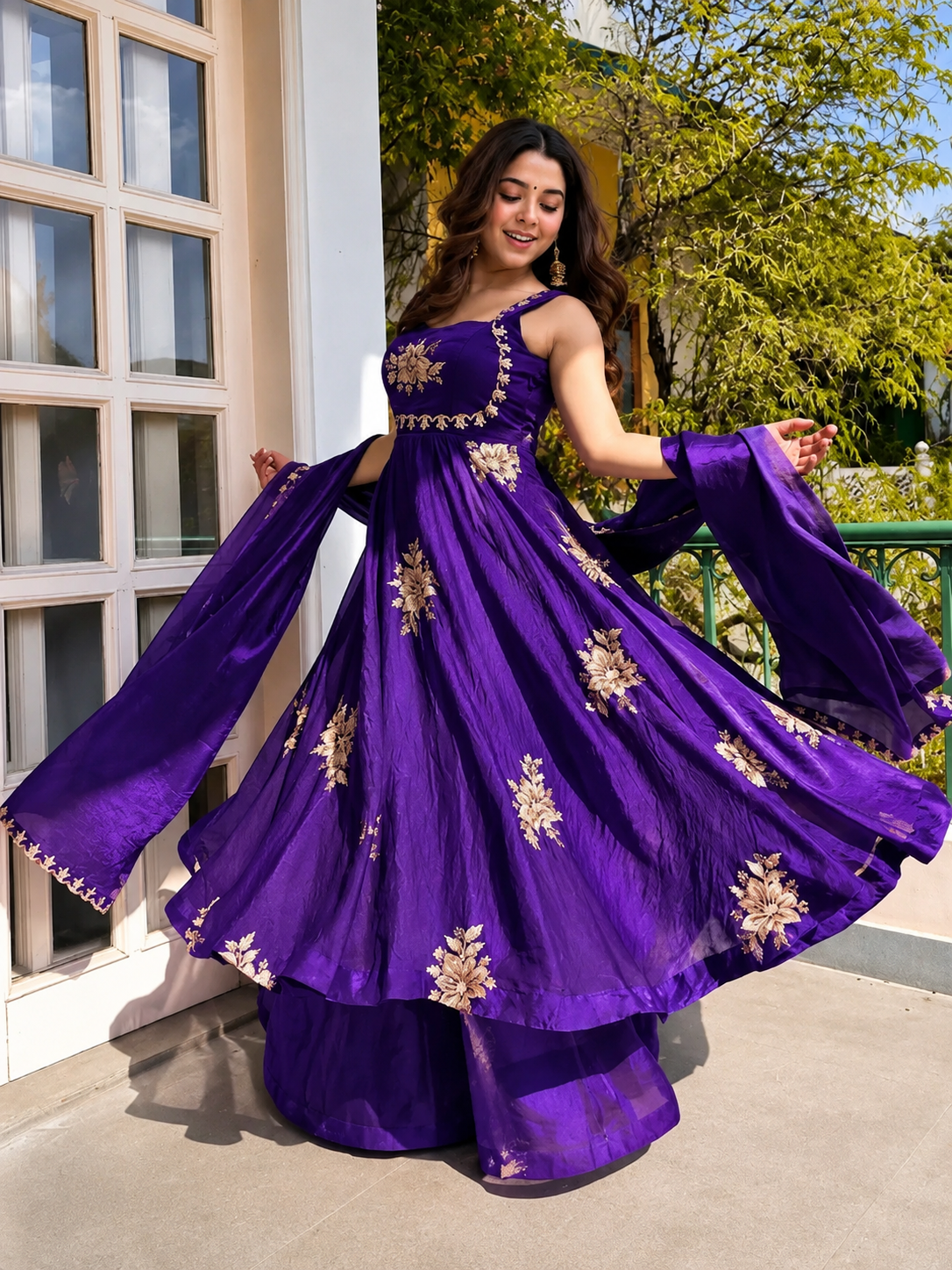 Purple Embroidered Anarkali Suit Set