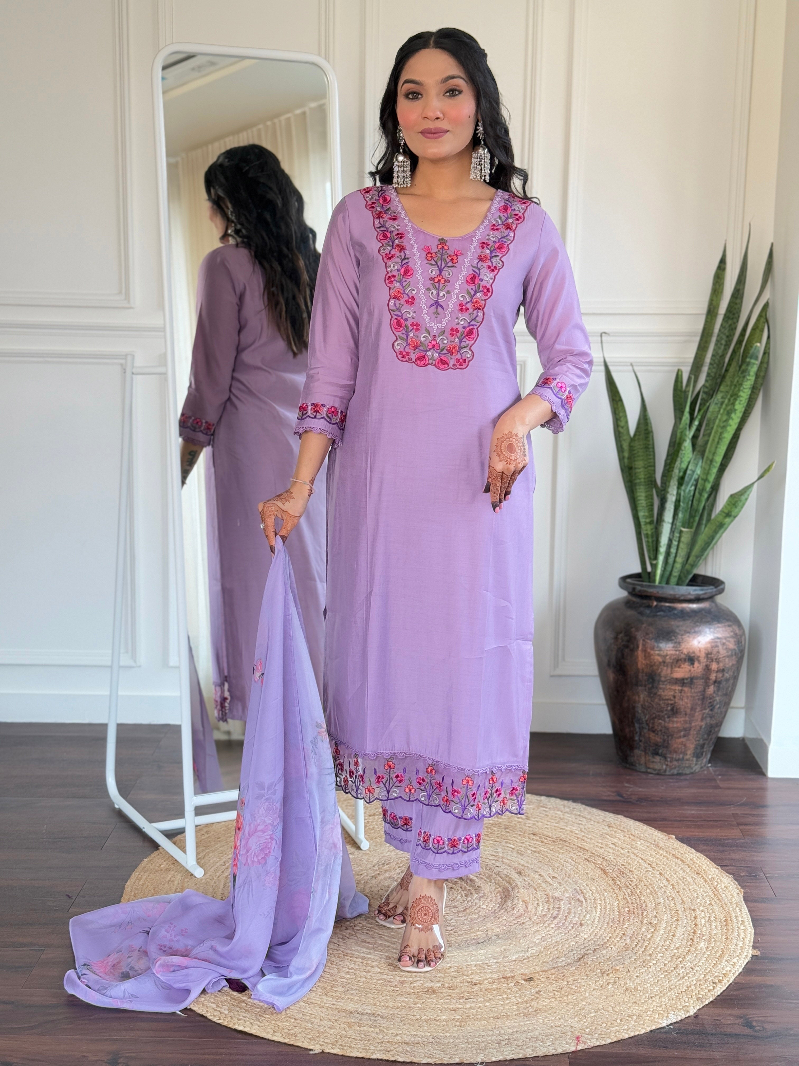 Purple Bloom Embroidered Kurta Pant Set