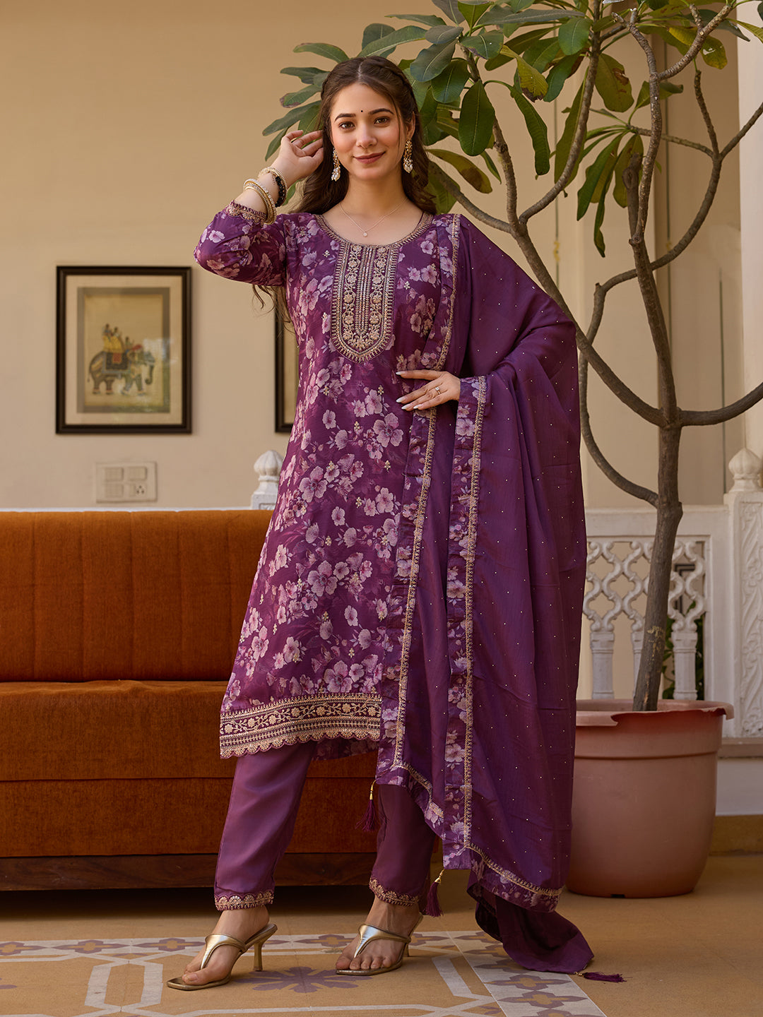 Purple Floral Printed Kurta Pant Set