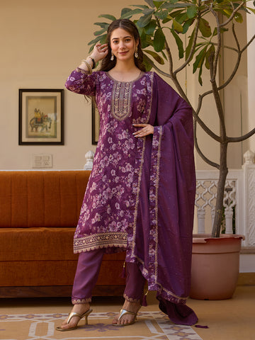 Purple Floral Printed Kurta Pant Set