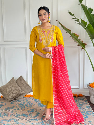 Mustard Yellow Embroidered Kurta Set