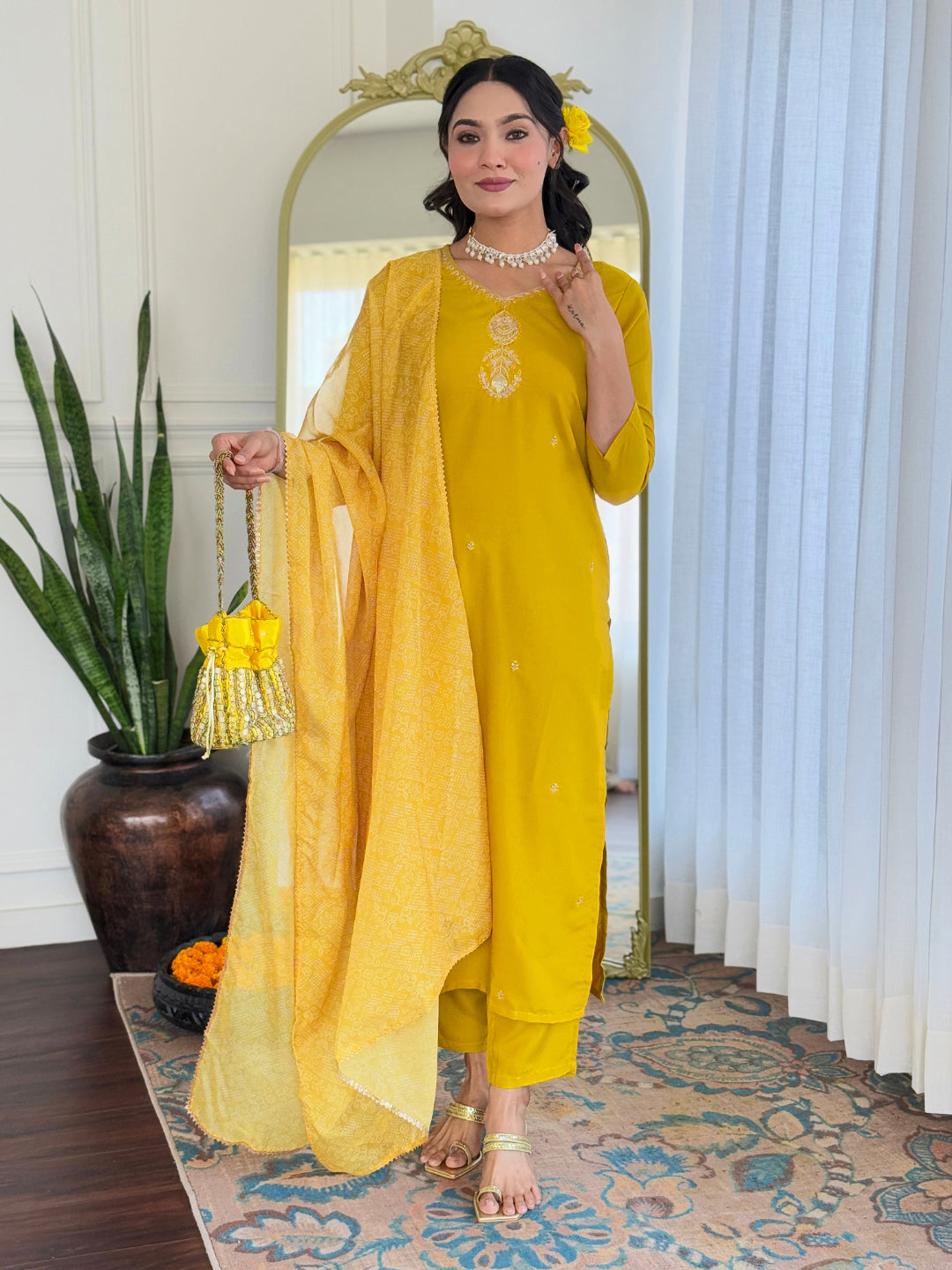 Mustard Yellow Embroidered Kurta Pant Set