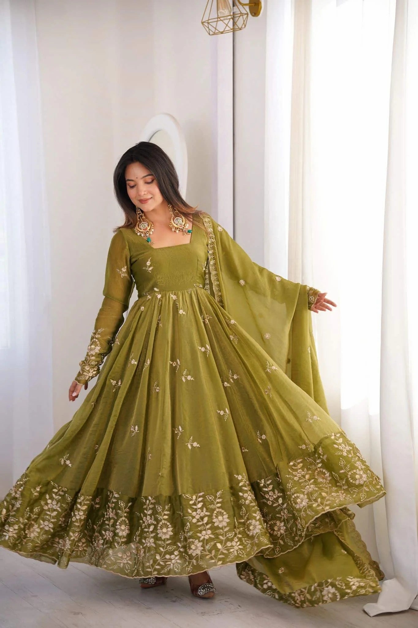 Olive Green Crunchy Silk Anarkali Suit Set