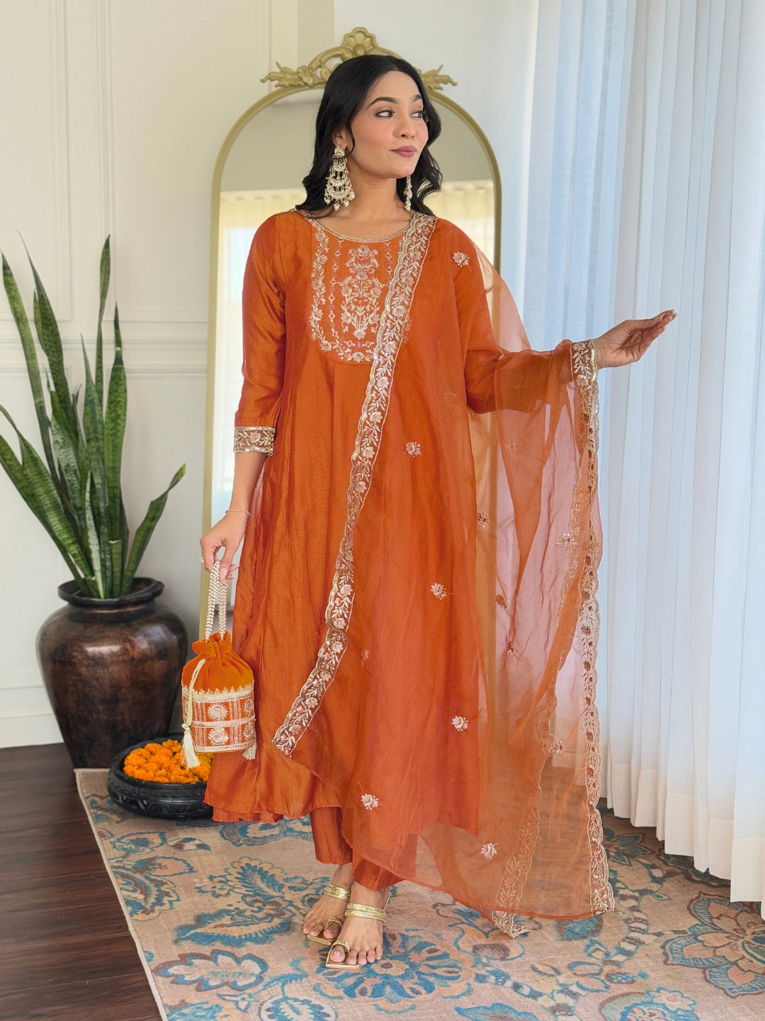 Rust Orange Silk Embroidered Flared Anarkali Kurta Set