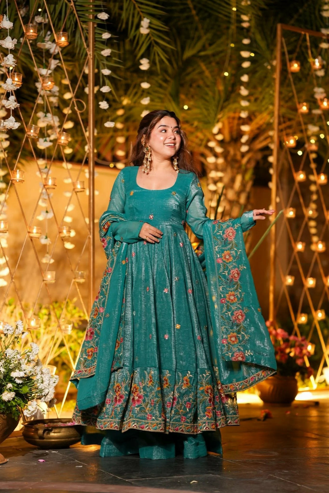 Teal Floral Embroidered Crunchy Silk Anarkali Suit Set