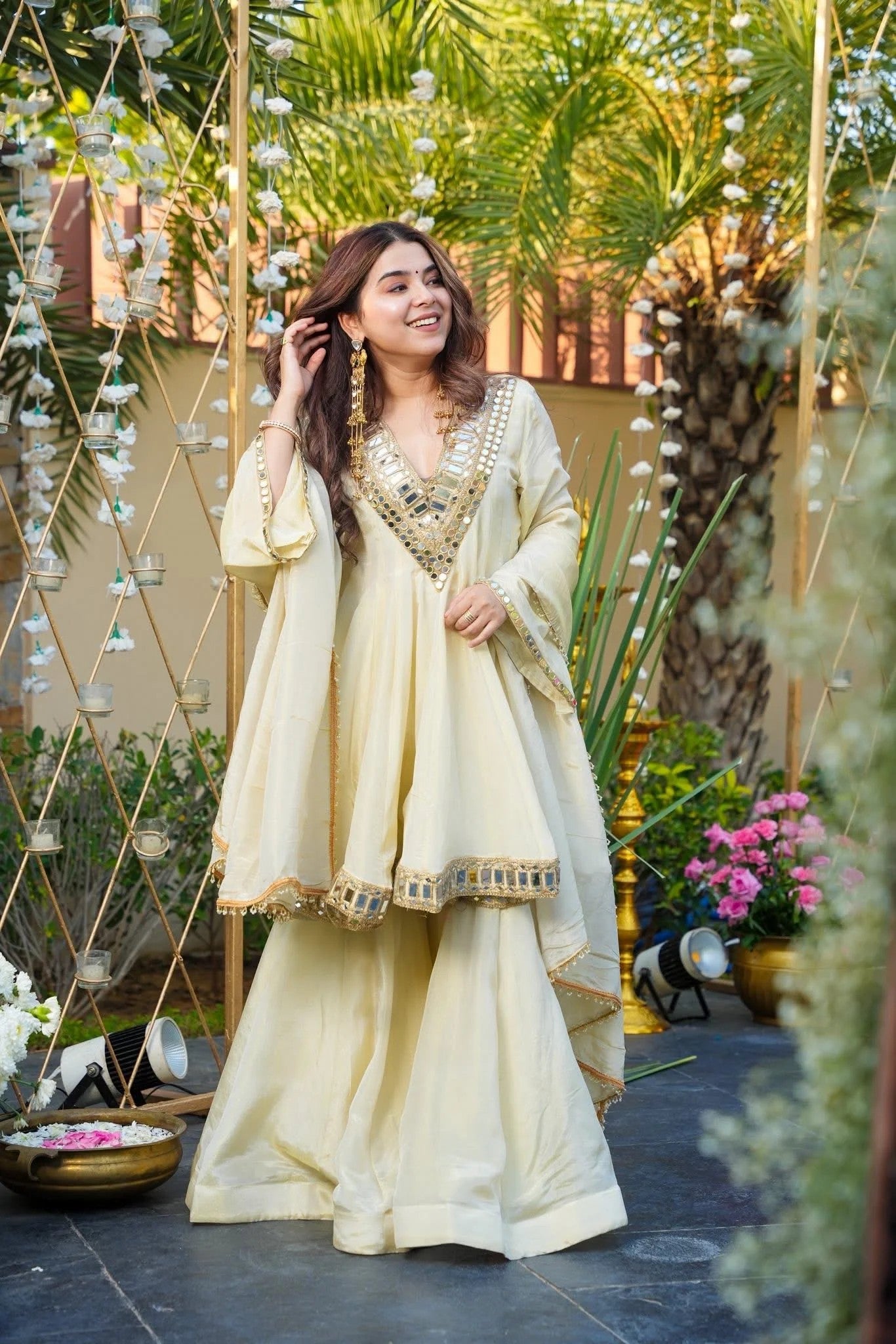 Ivory Mirror Work Star Georgette Sharara Suit Set
