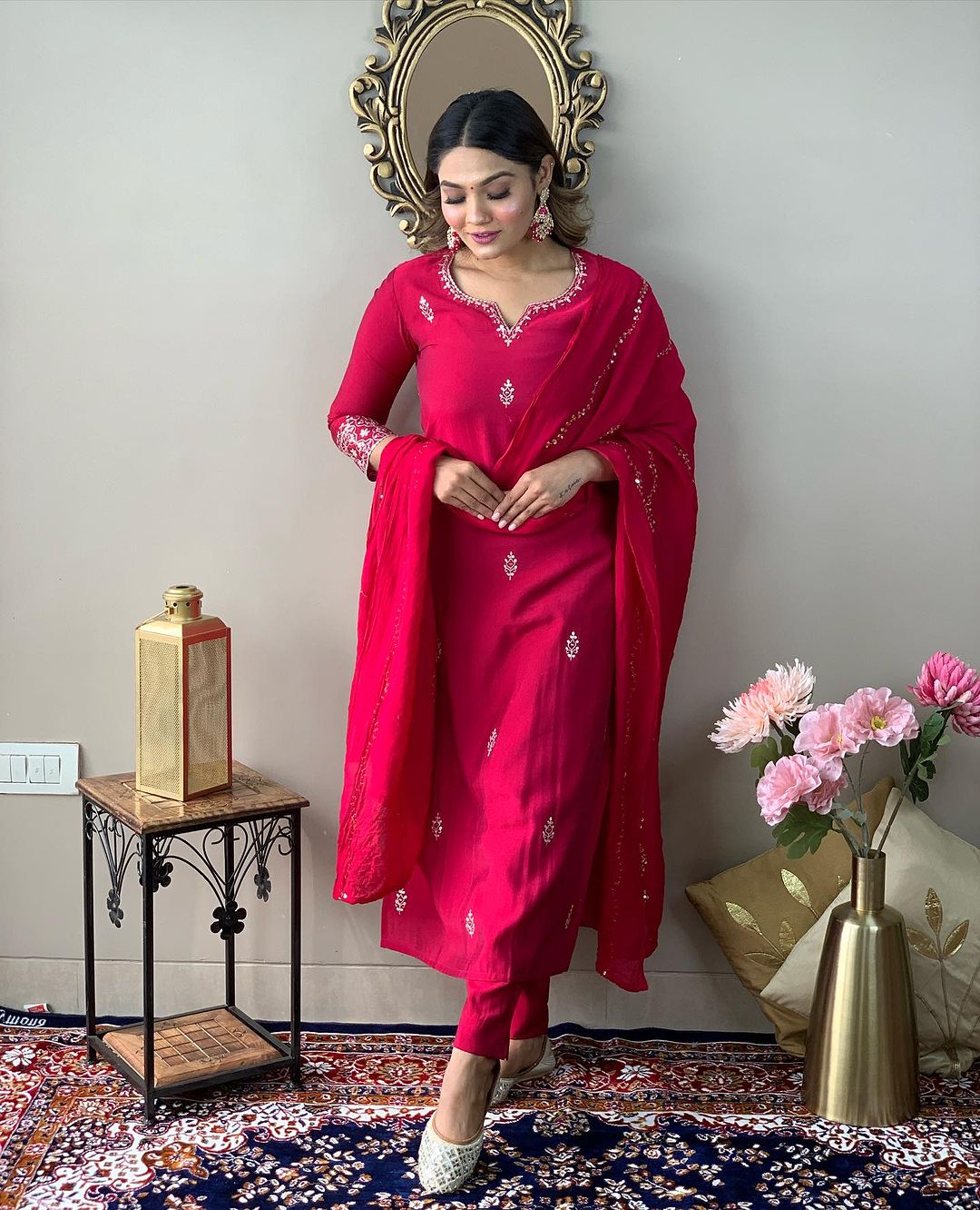 Ruby Red Embroidered Kurta Set