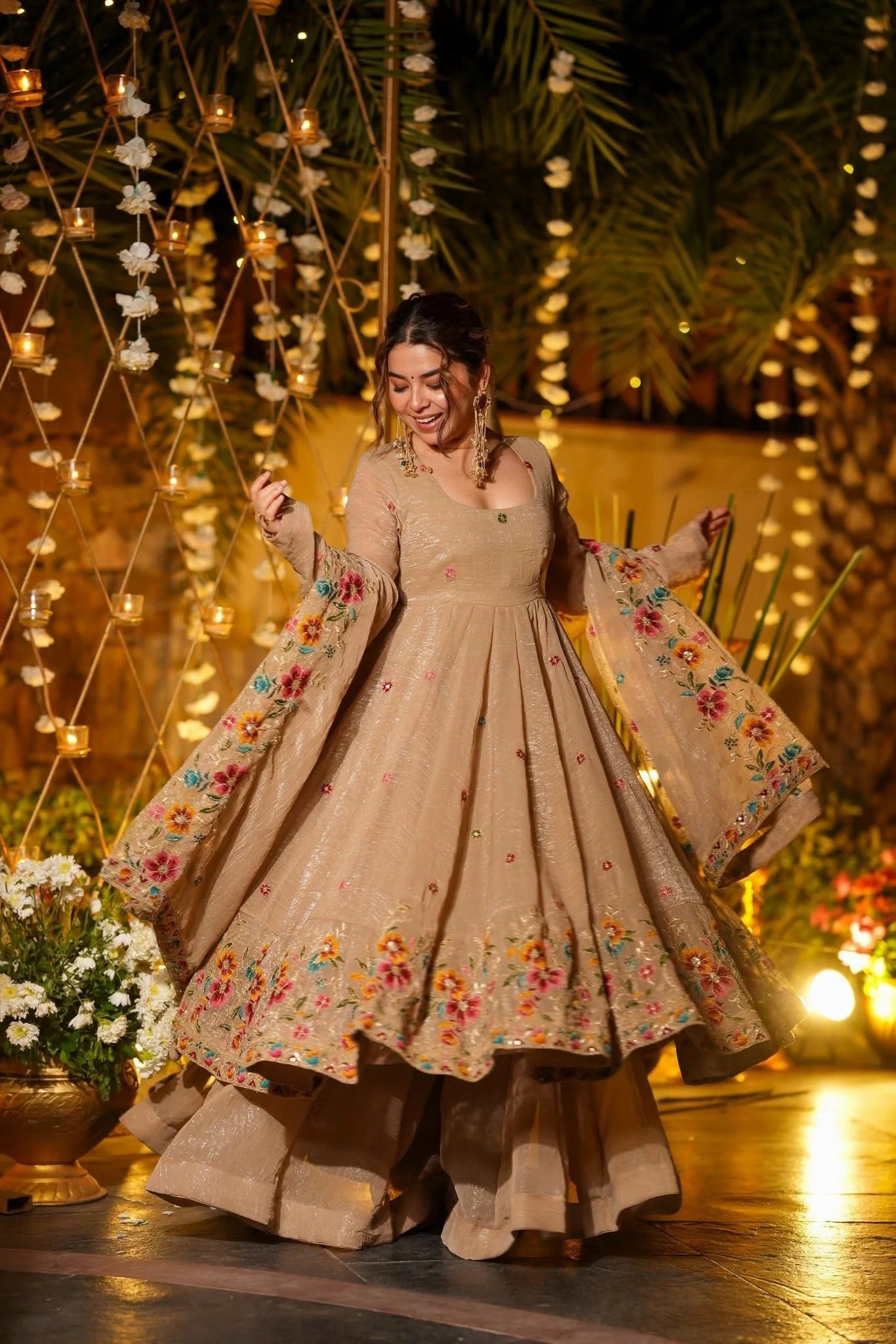 Beige Floral Embroidered Crunchy Silk Anarkali Suit Set