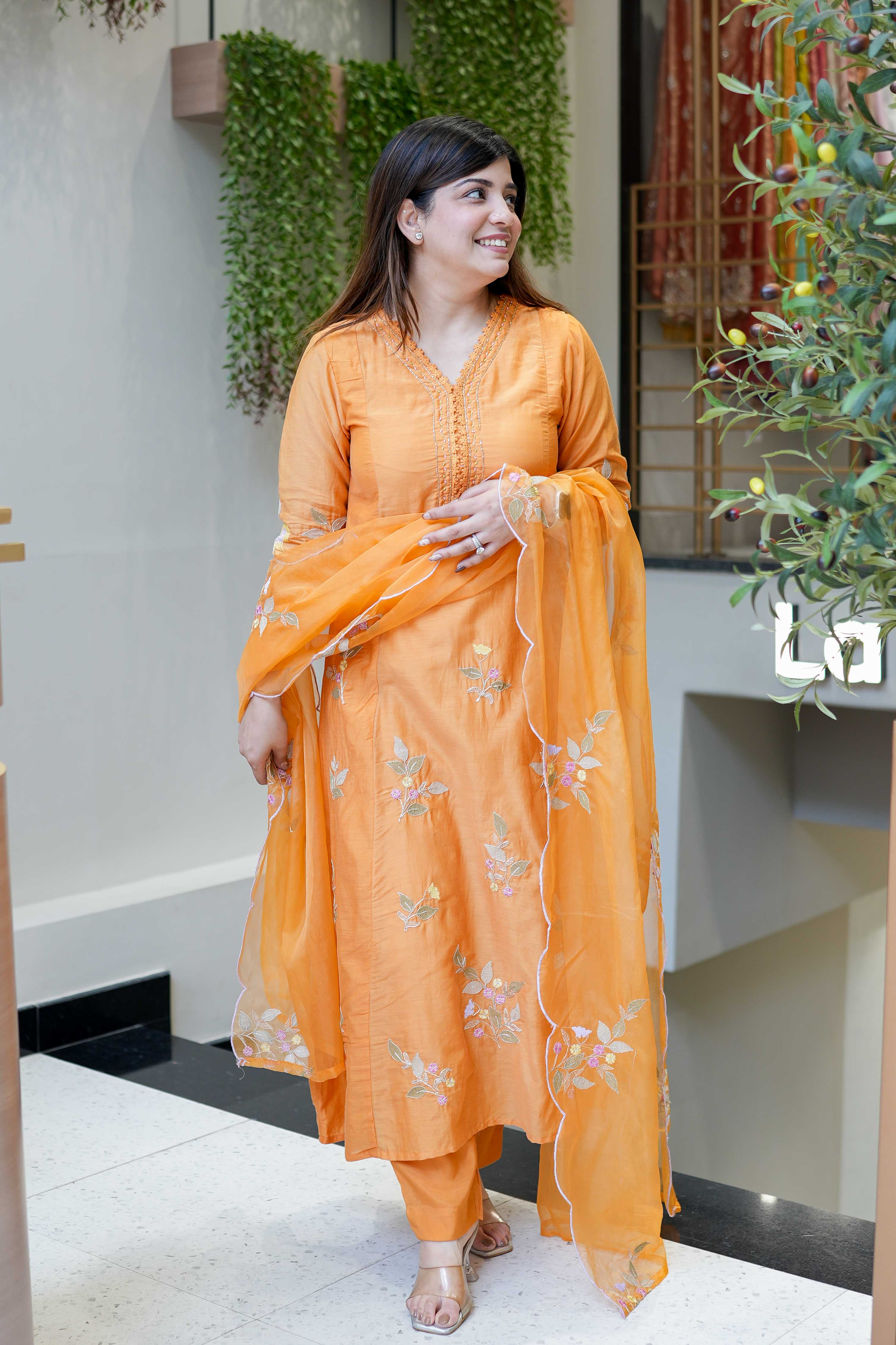 Sunshine Orange Embroidered Muslin Suit Set