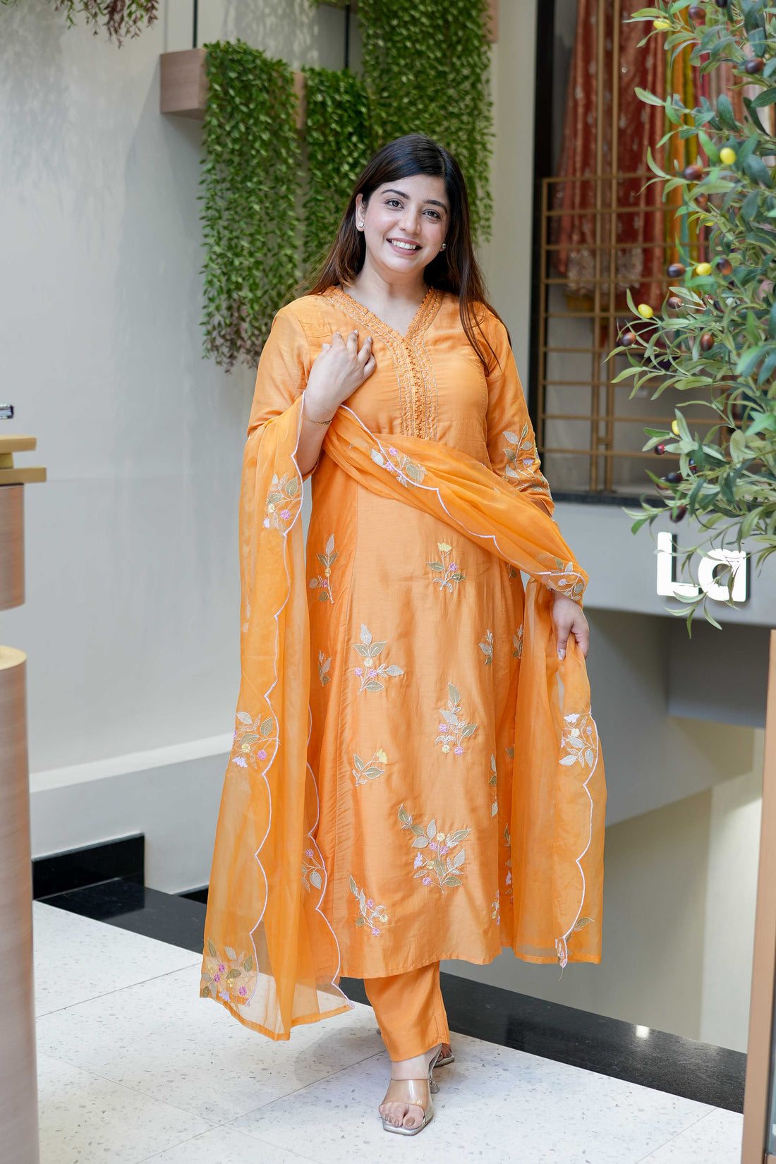 Sunshine Orange Embroidered Muslin Suit Set