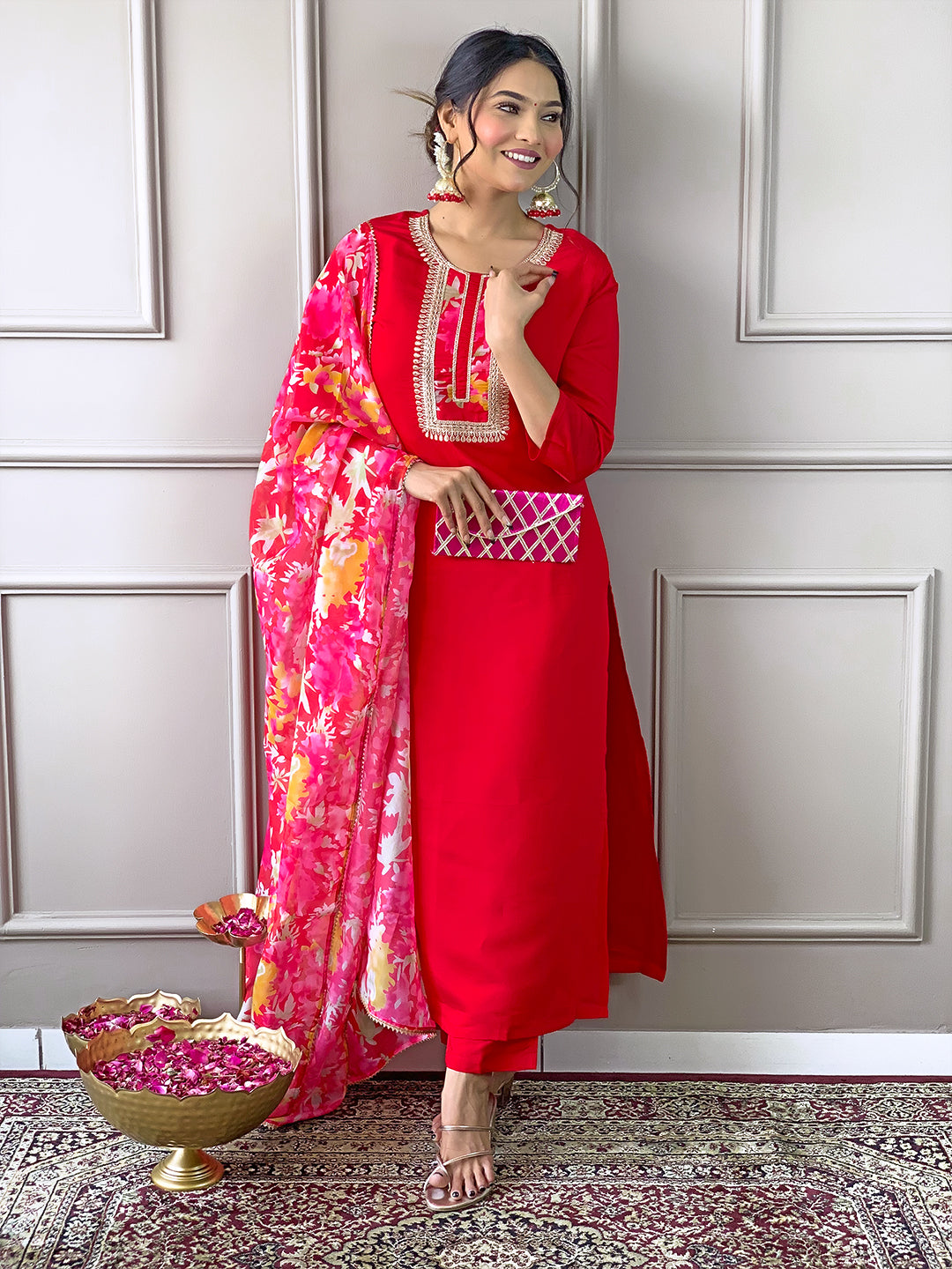 Red Floral Dupatta Kurta Pant Set