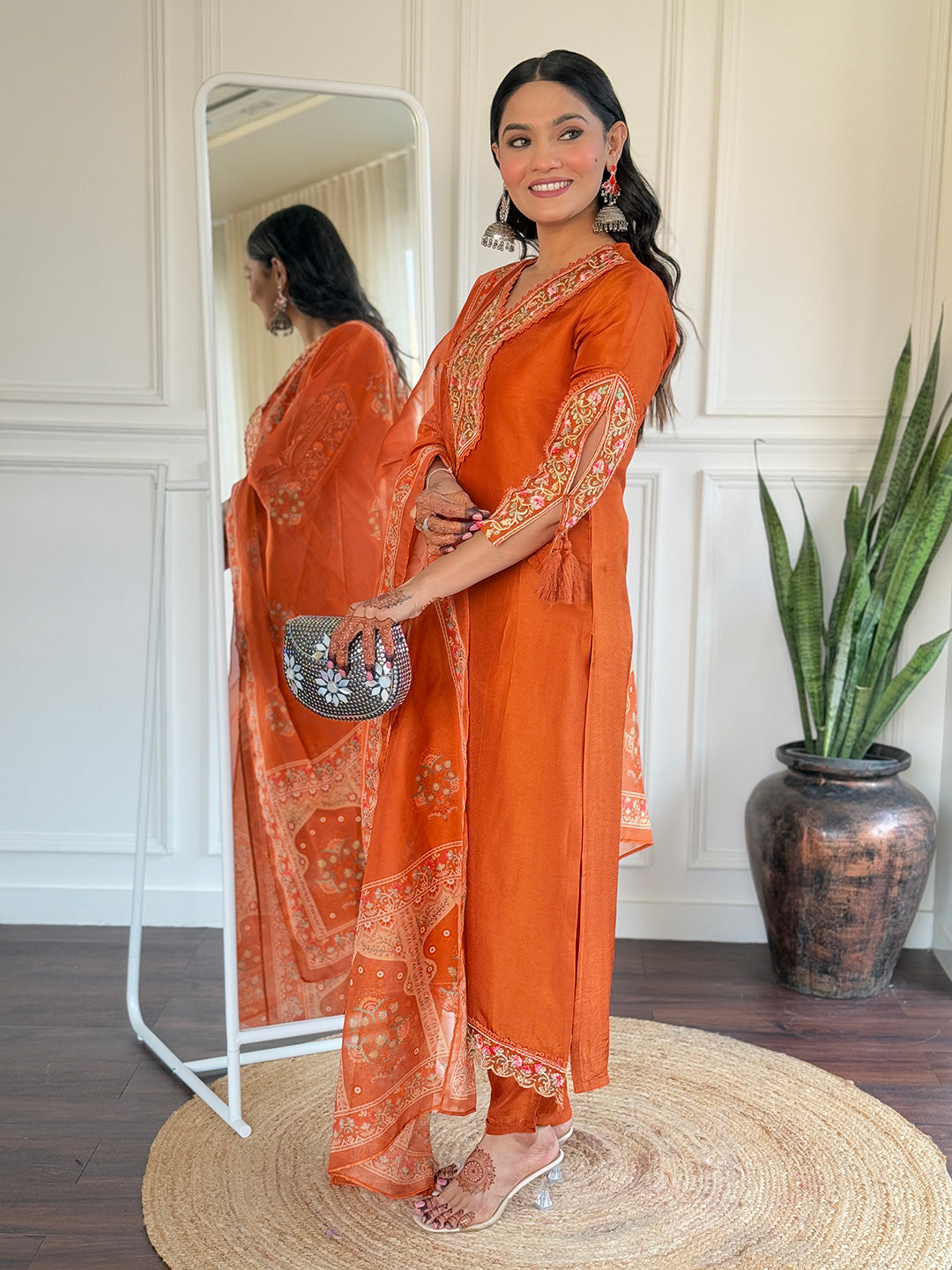 Orange Heritage Embroidered Kurta Pant Set