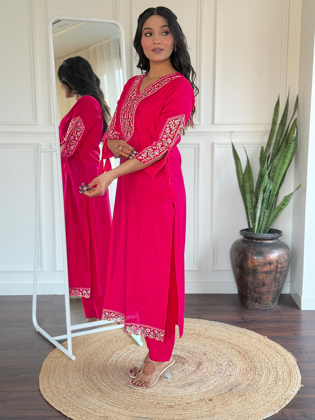 Rani Pink Heritage Embroidered Kurta Pant Set