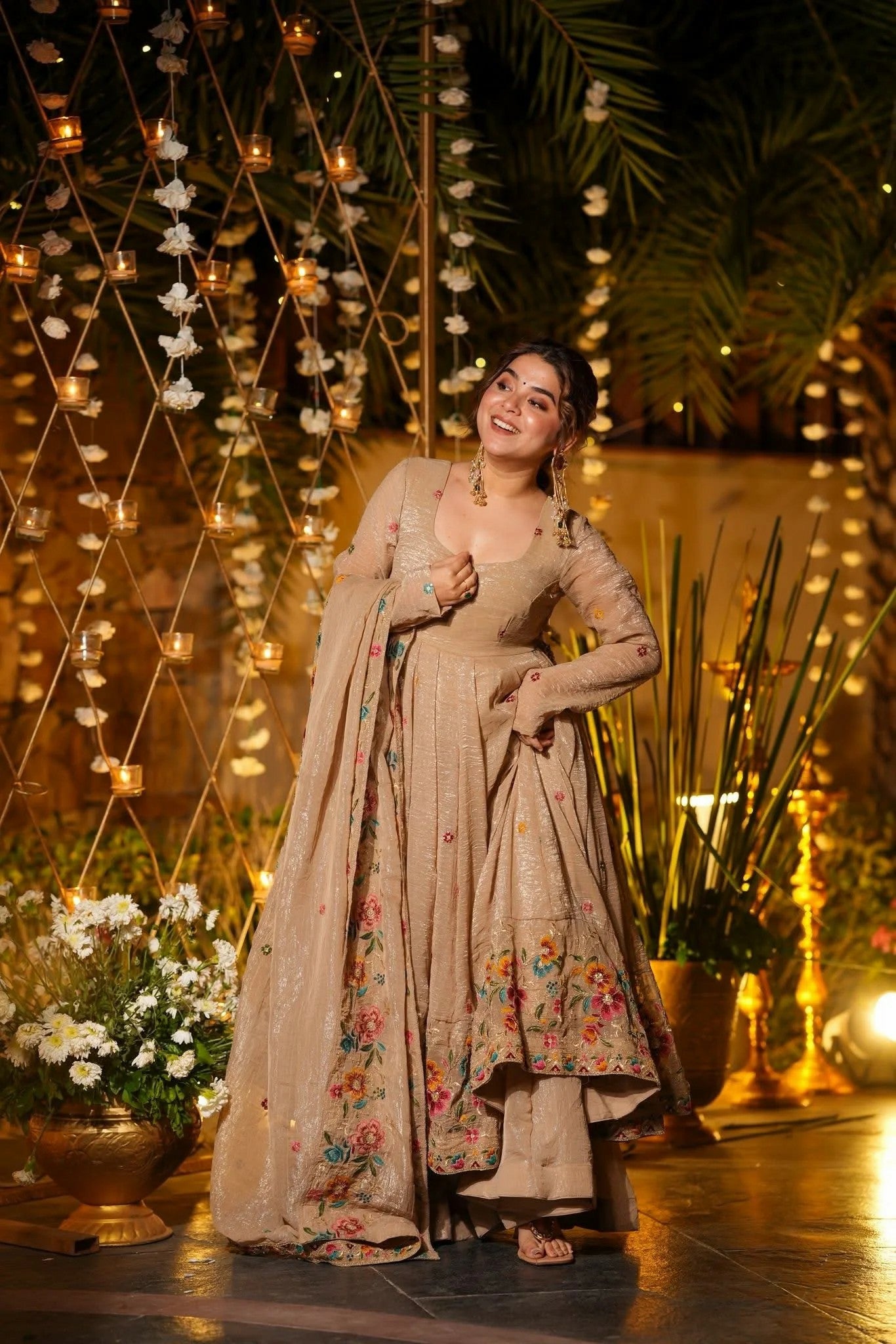 Beige Floral Embroidered Crunchy Silk Anarkali Suit Set