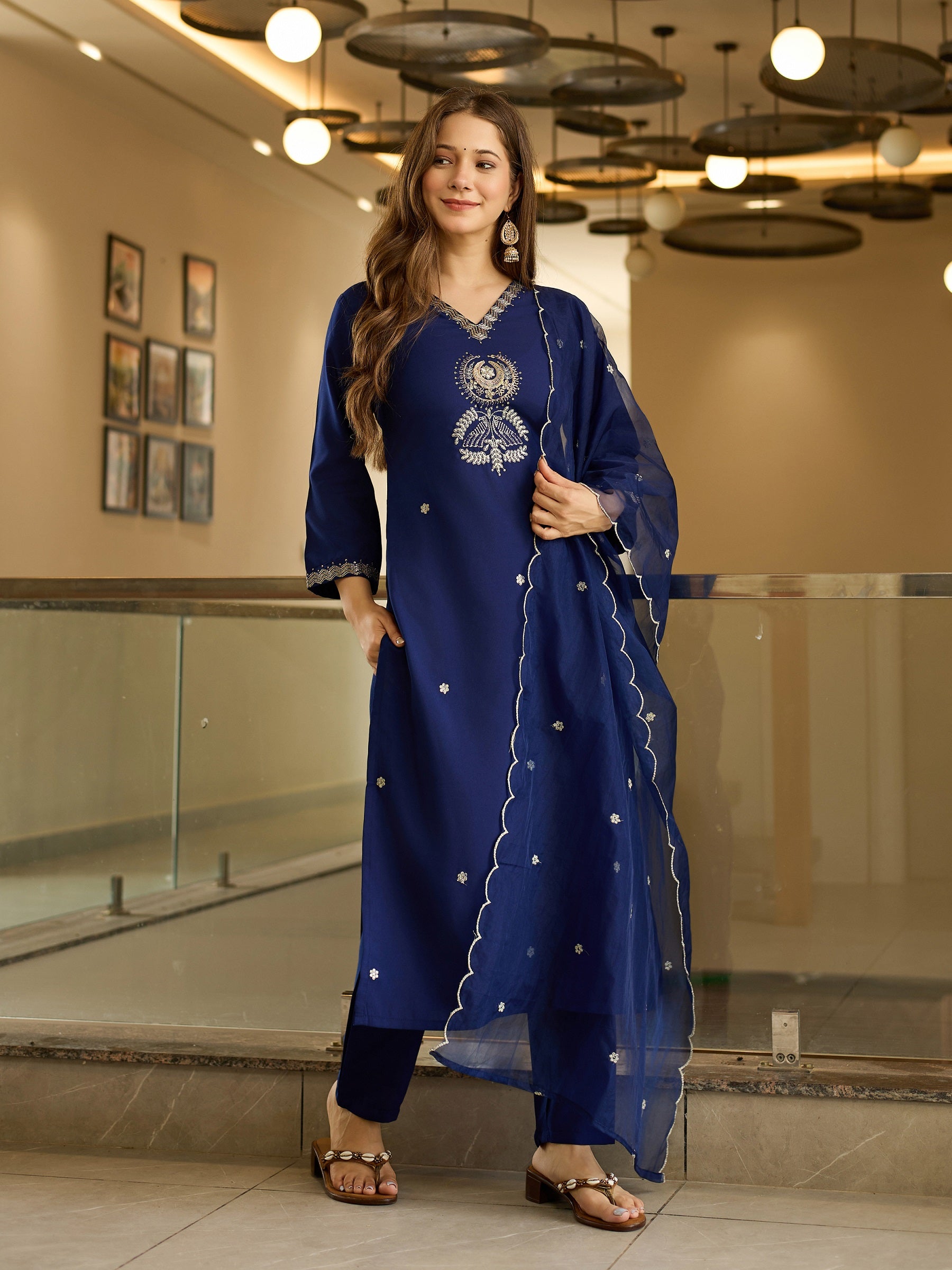 Royal Navy Blue Solid Straight Salwar Suit Set