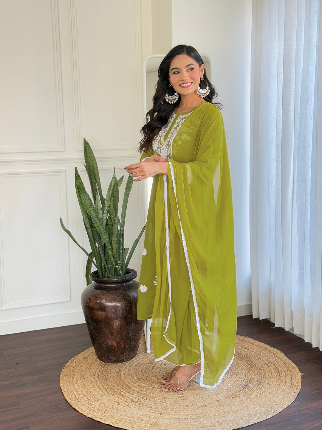 Olive Green Floral Embroidered Kurta Pant