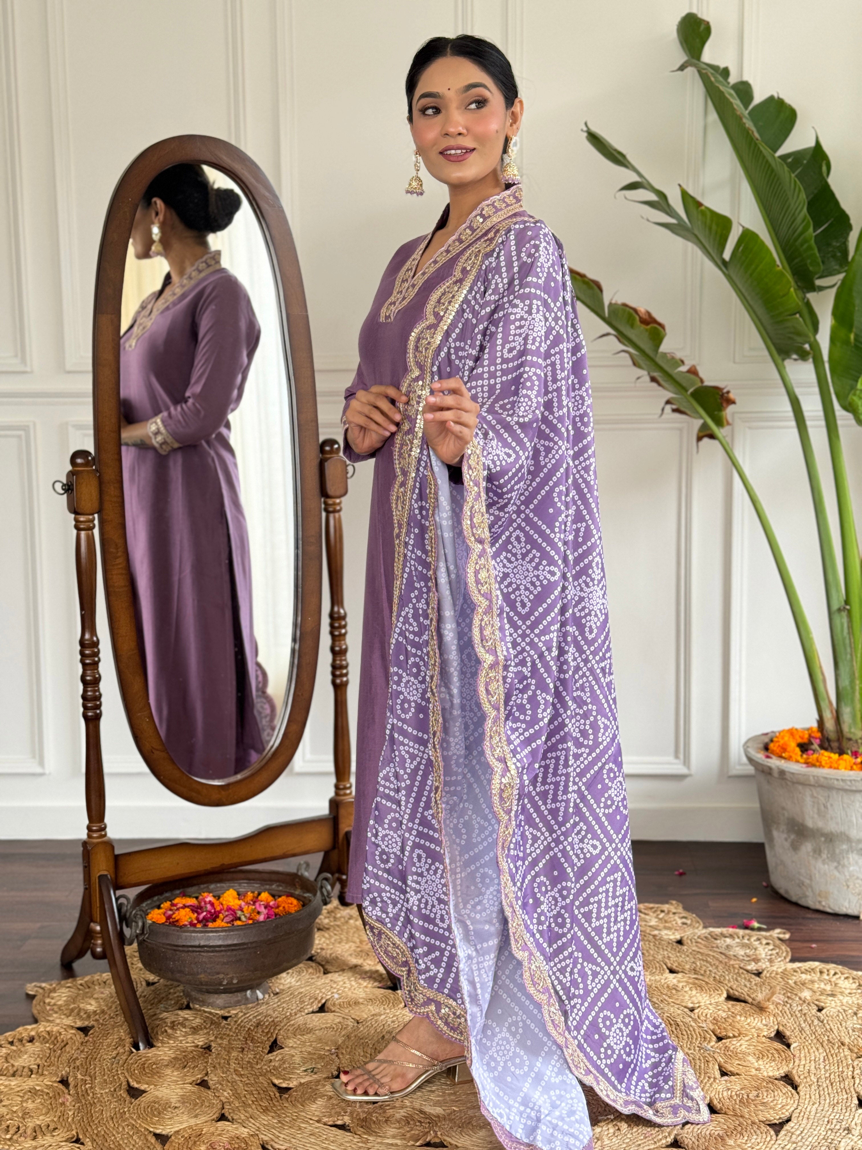 Lavender Embroidered Kurta Pant Set