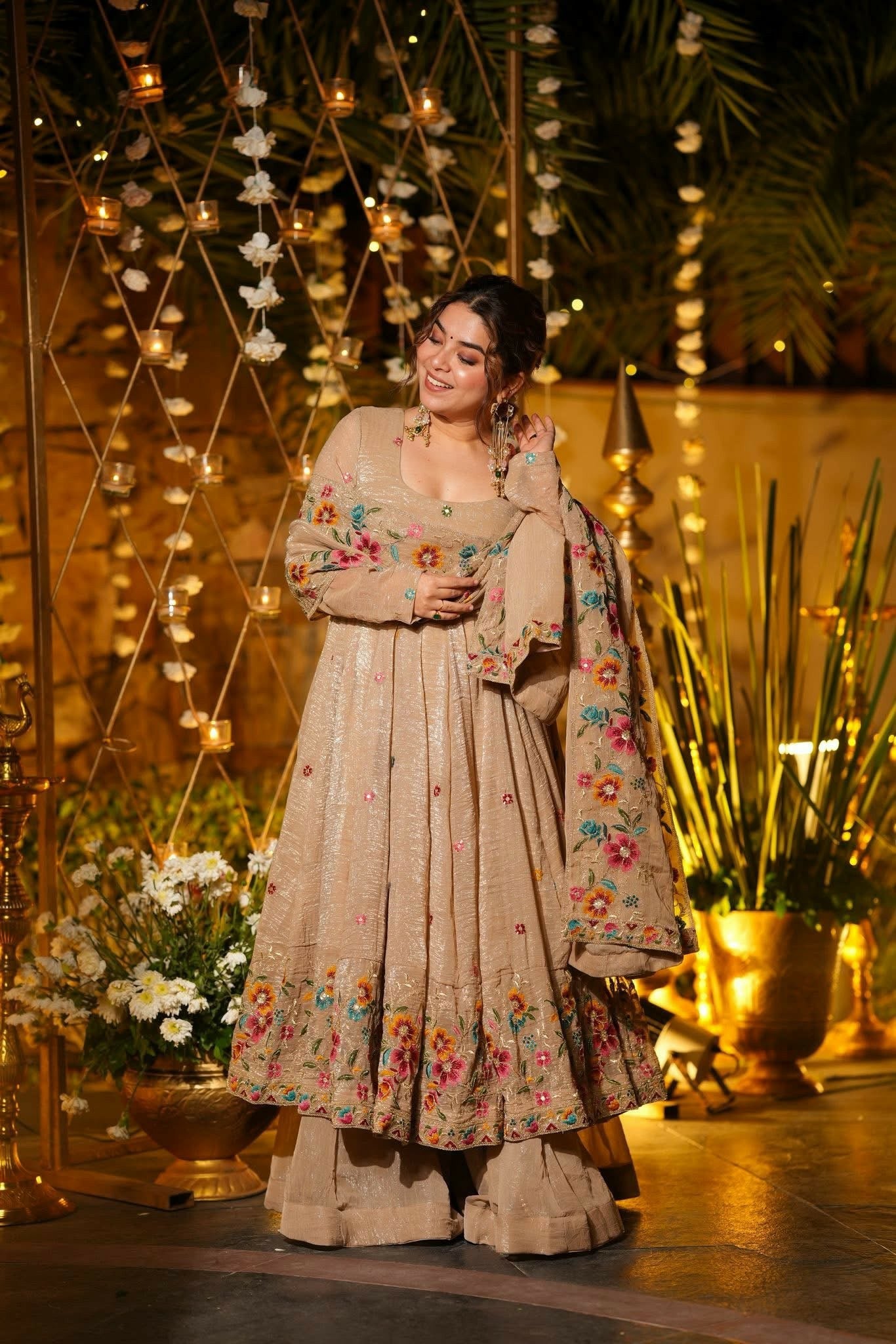 Beige Floral Embroidered Crunchy Silk Anarkali Suit Set
