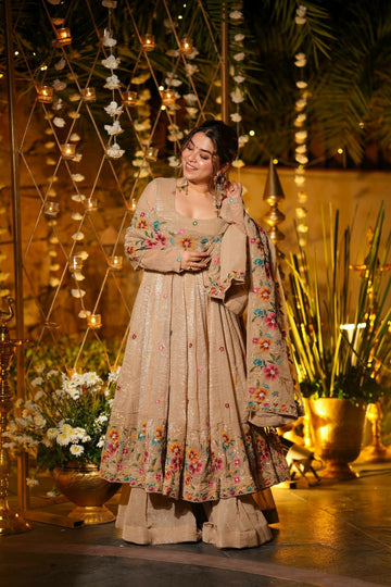 Beige Floral Embroidered Crunchy Silk Anarkali Suit Set