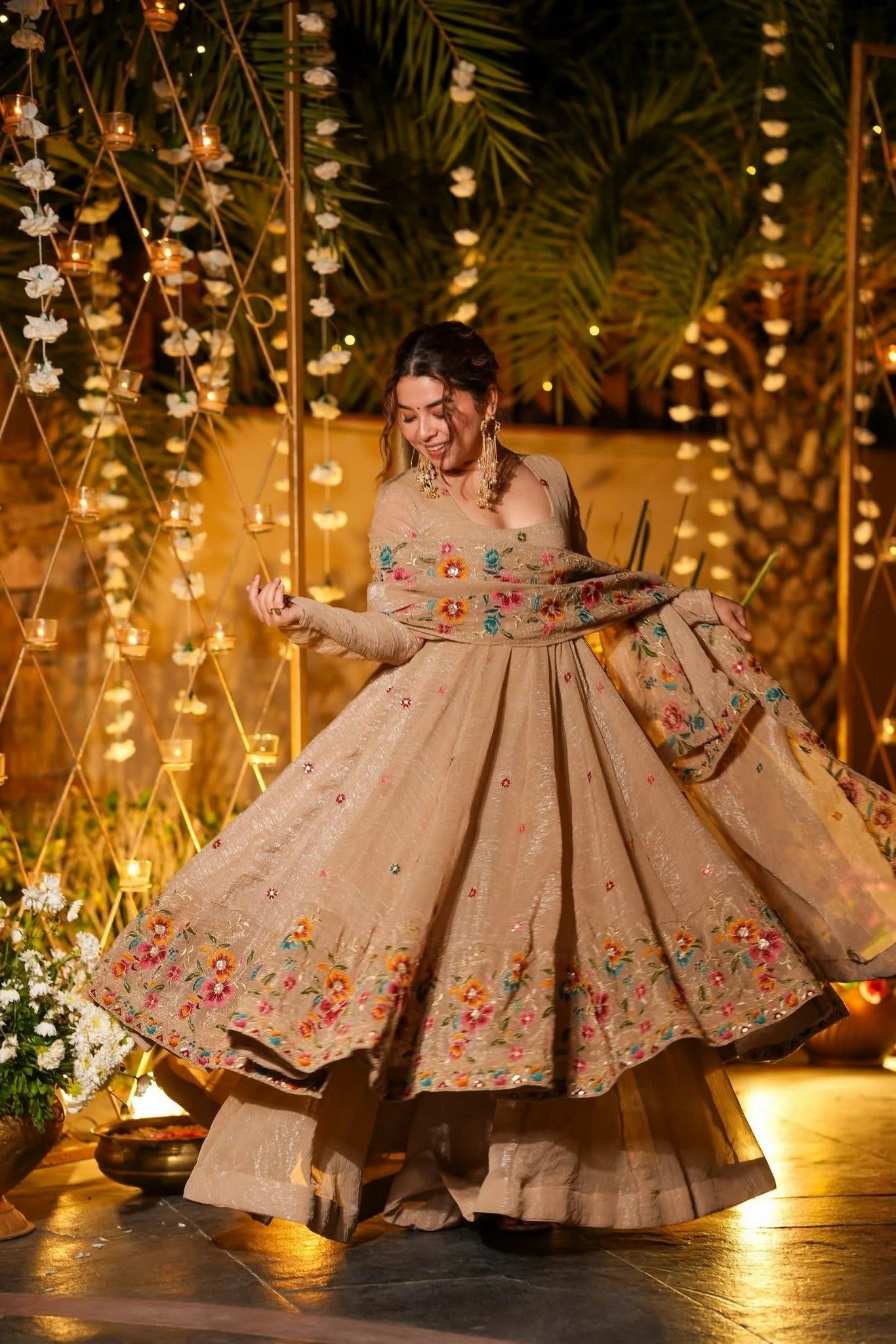 Beige Floral Embroidered Crunchy Silk Anarkali Suit Set