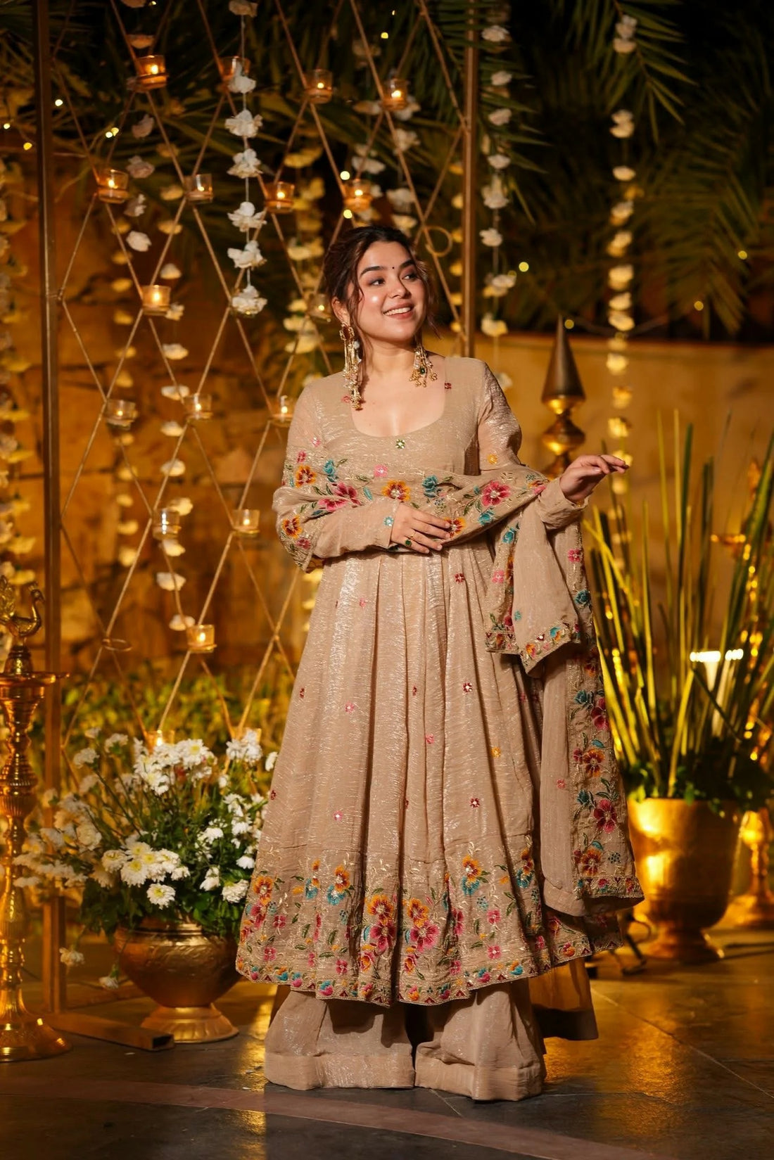 Beige Floral Embroidered Crunchy Silk Anarkali Suit Set