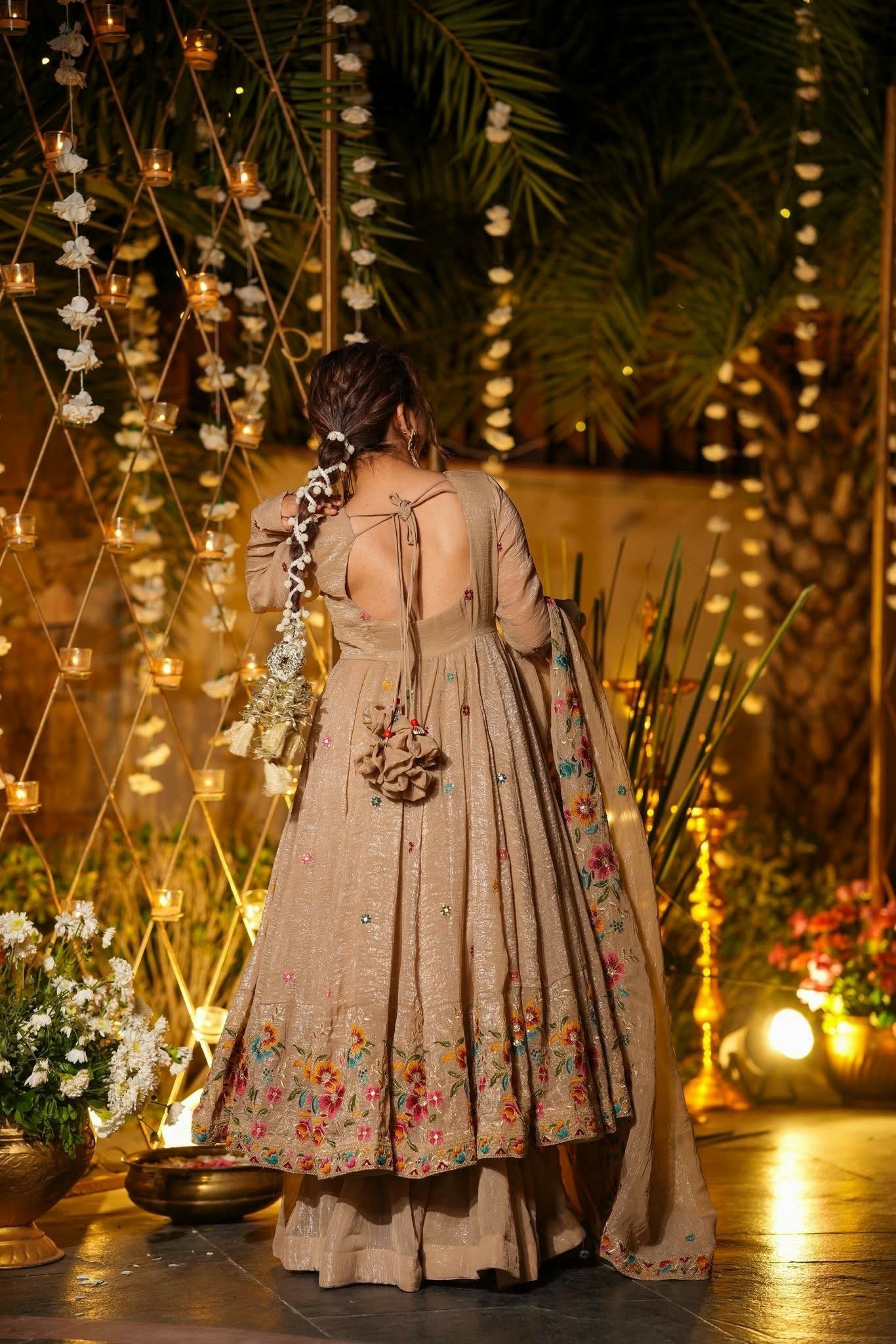 Beige Floral Embroidered Crunchy Silk Anarkali Suit Set