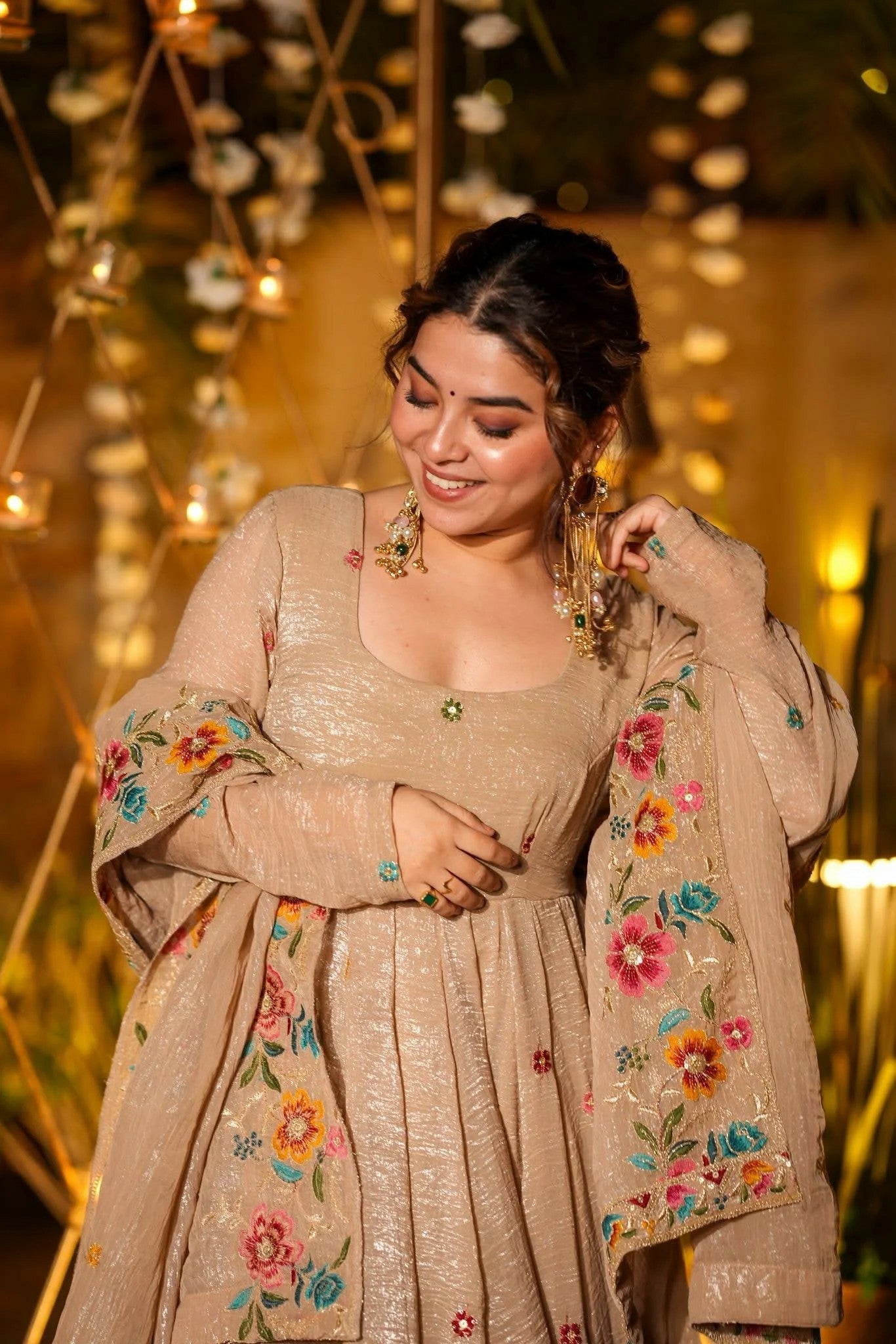 Beige Floral Embroidered Crunchy Silk Anarkali Suit Set