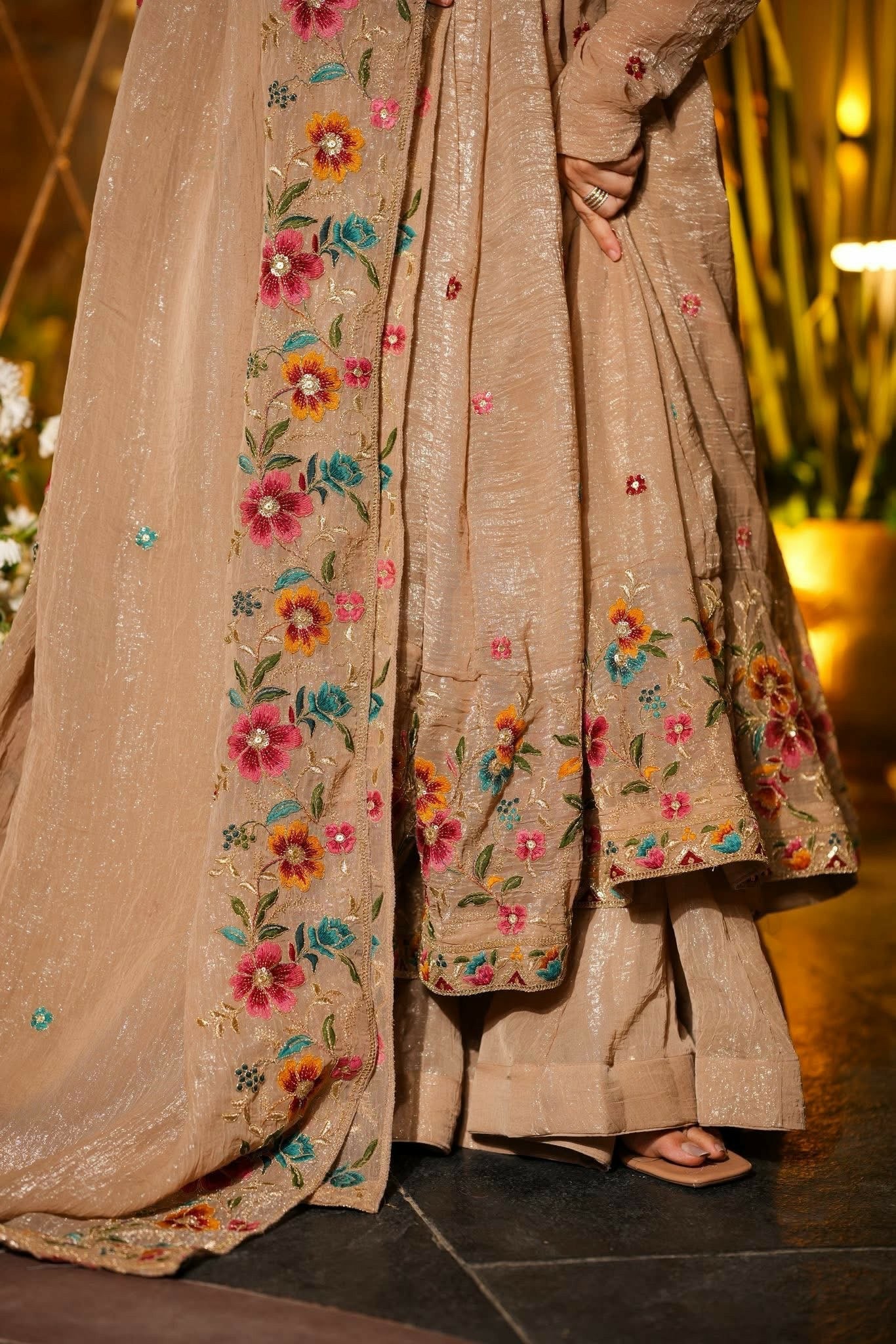 Beige Floral Embroidered Crunchy Silk Anarkali Suit Set
