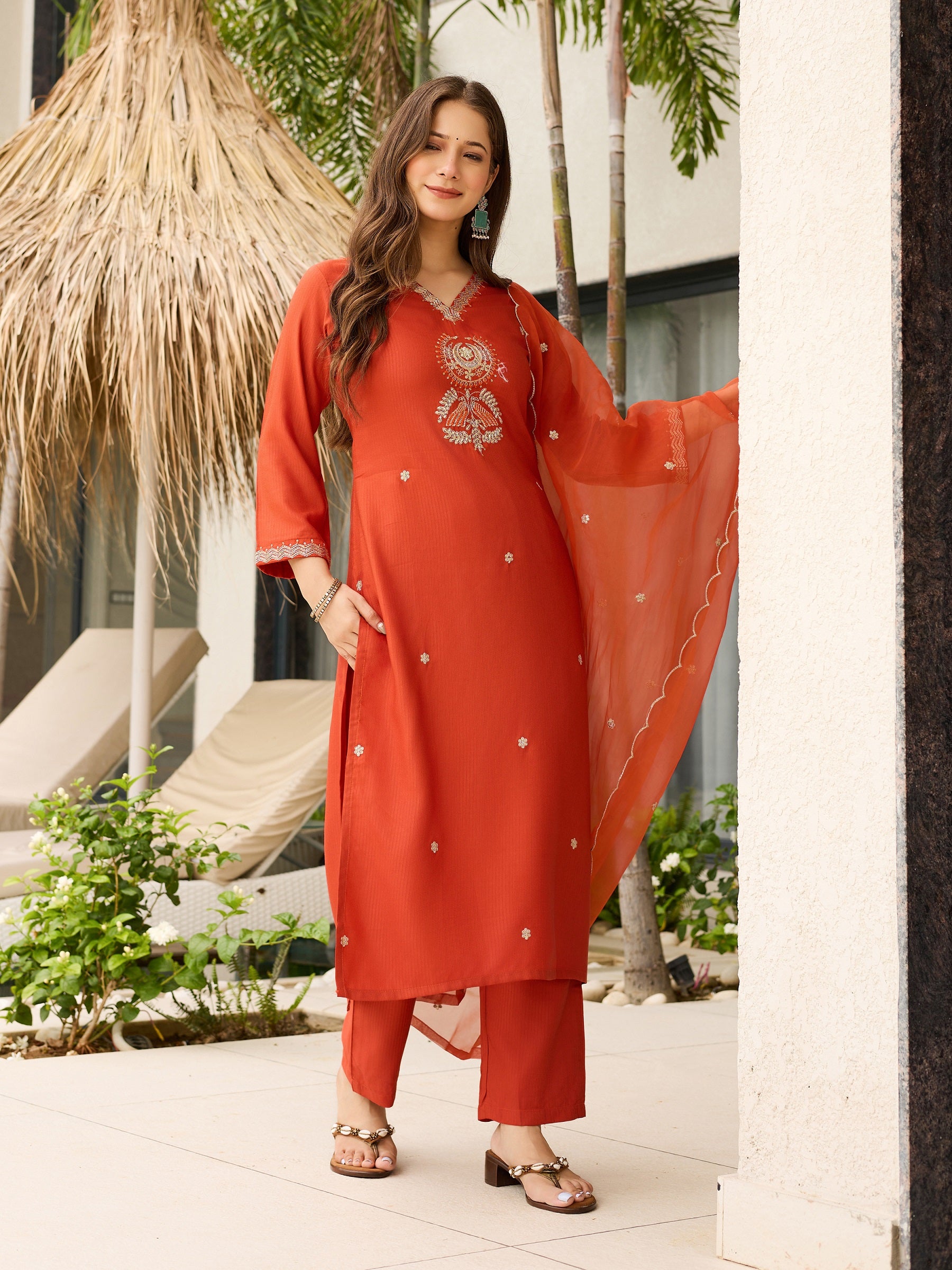 Rust Orange Solid Straight Salwar Suit Set