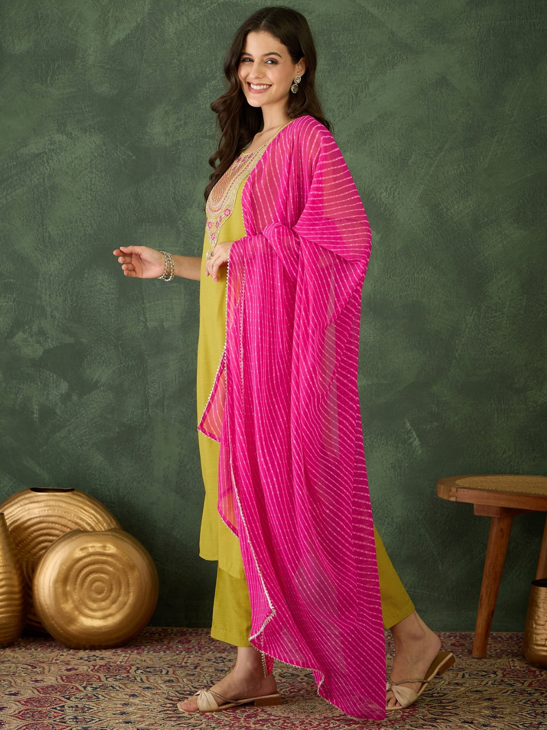 Lime Green Embroidered Chanderi Suit Sets