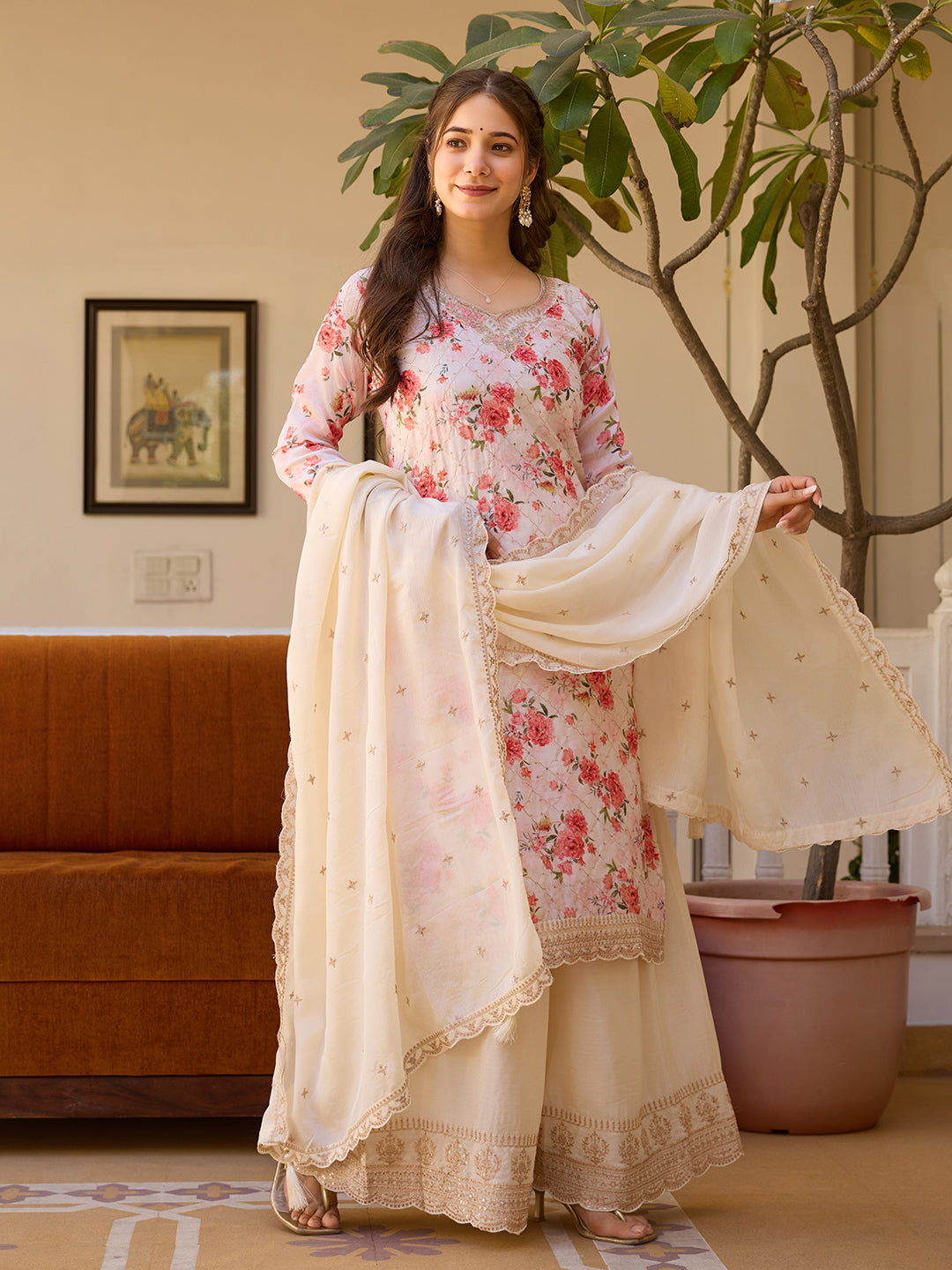 Off-White Floral Print Kurta Sharara Set