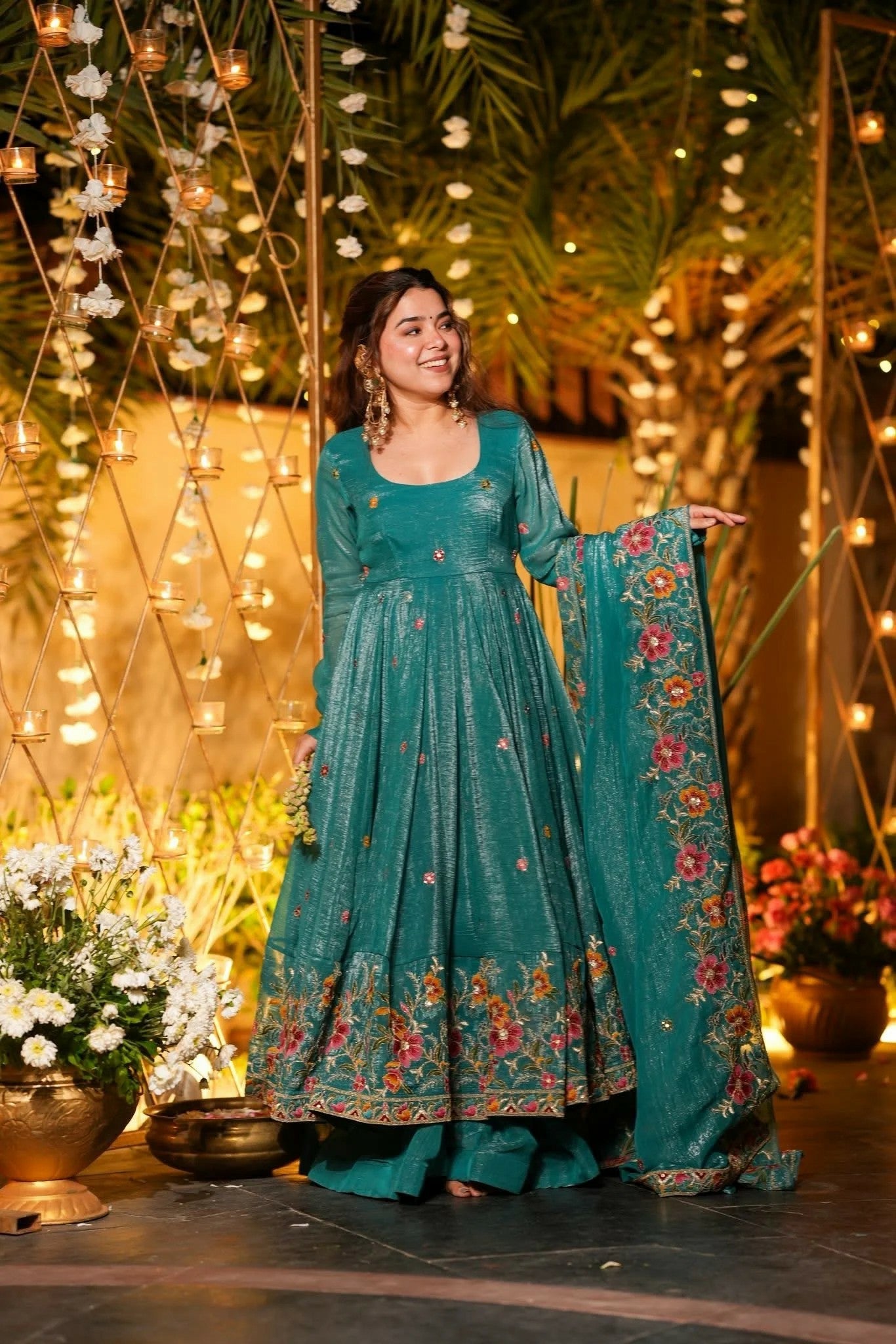 Teal Floral Embroidered Crunchy Silk Anarkali Suit Set