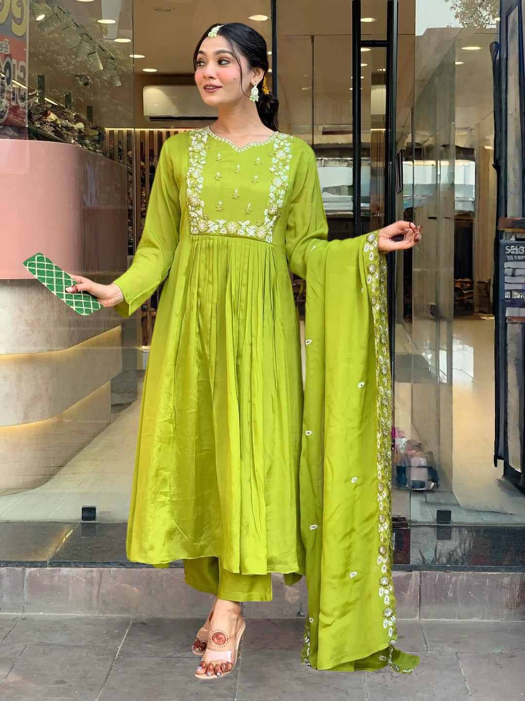 Pista Green Embroidered Anarkali Kurta Pant Set