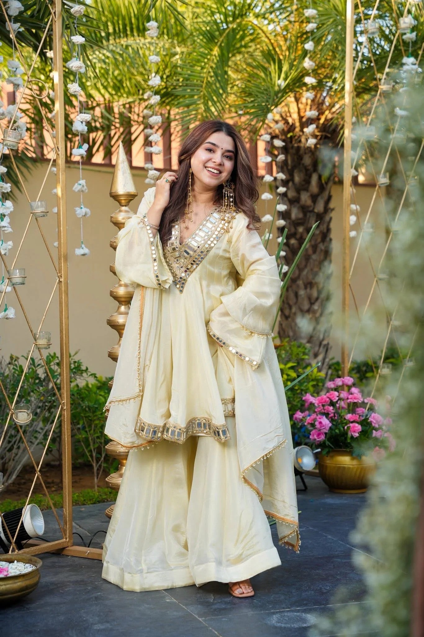 Ivory Mirror Work Star Georgette Sharara Suit Set