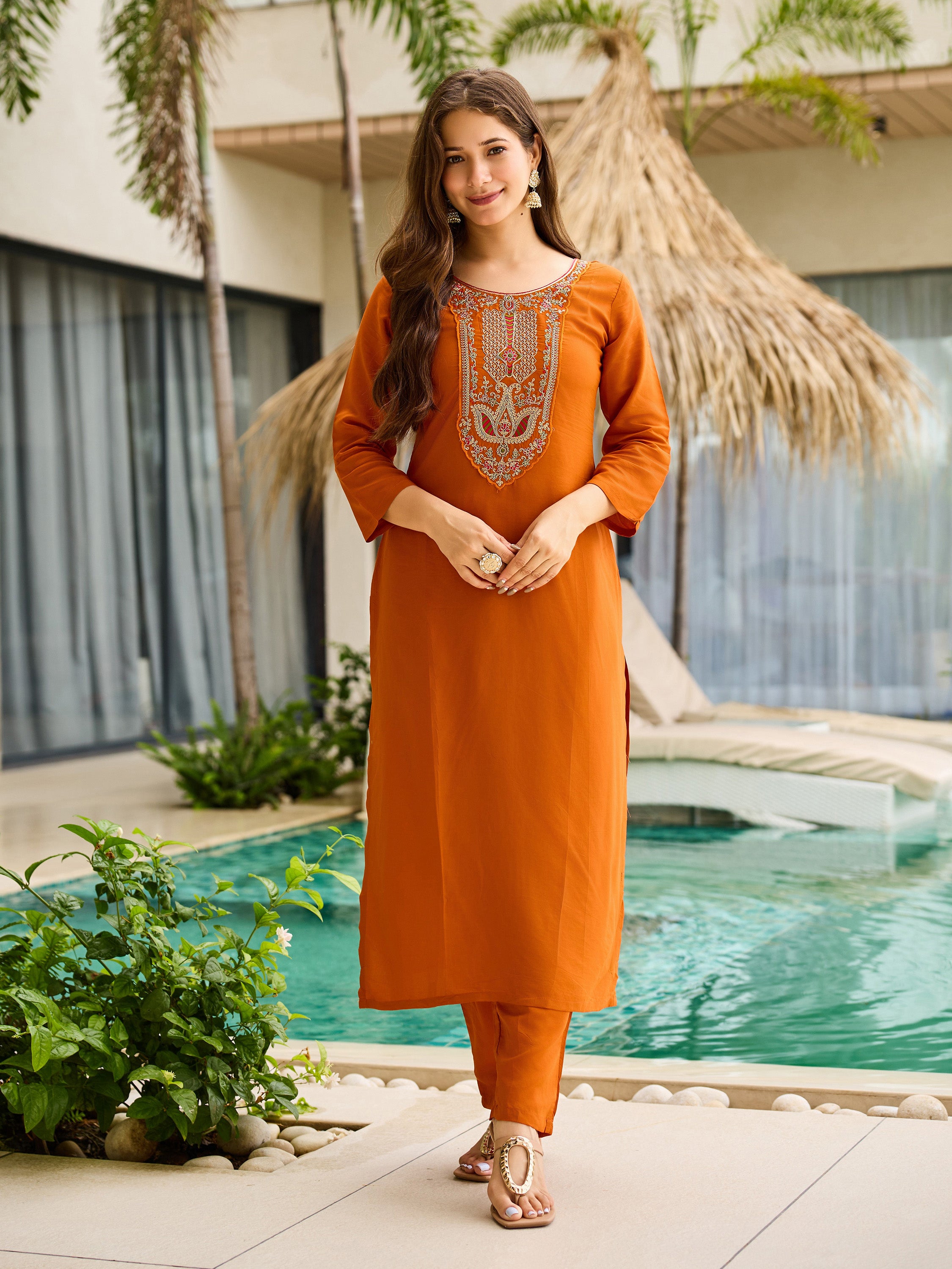 Sunset Aura Orange Viscose Silk Kurta Set