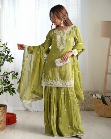 Olive Green French Crepe Sharara Suit Set