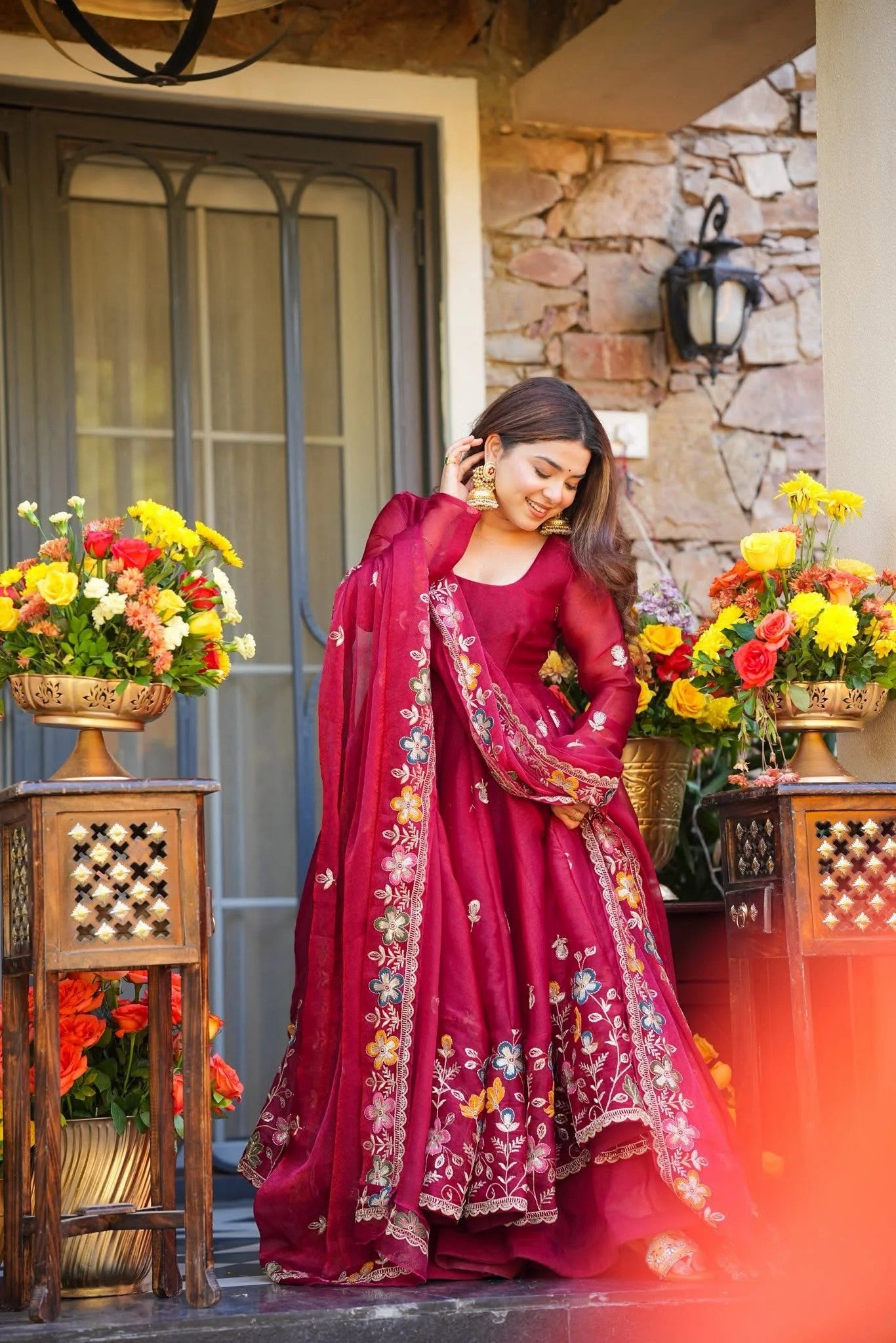 Wine Floral Crunchy Silk Anarkali Suit Set