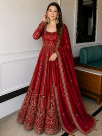 Red Crunchy Silk Embroidered Anarkali Suit Set
