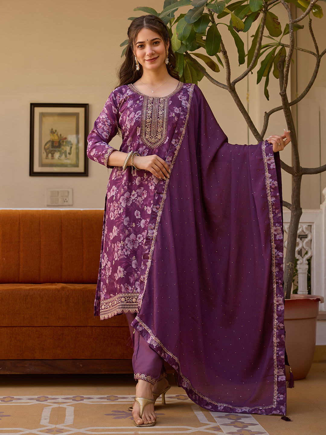 Purple Floral Printed Kurta Pant Set