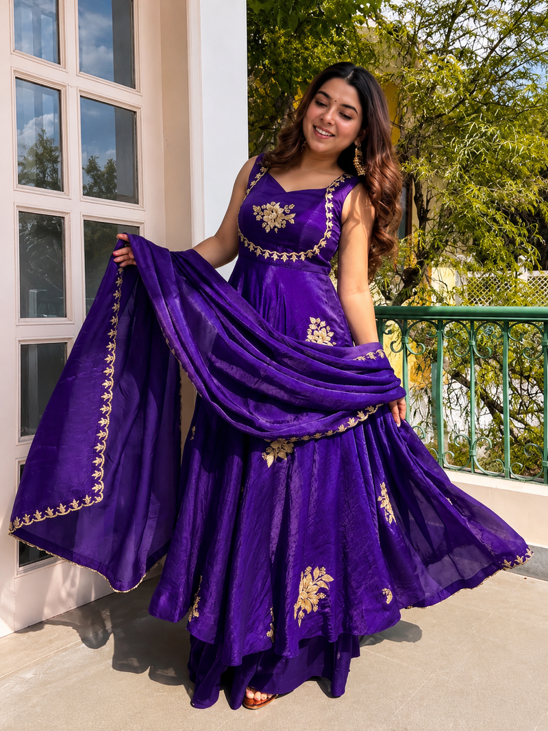 Purple Embroidered Anarkali Suit Set
