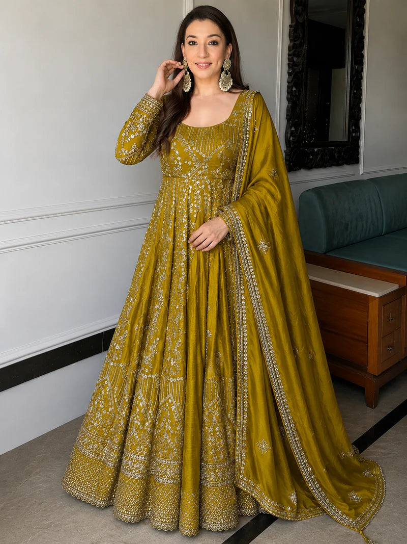 Mustard Embroidered Anarkali Suit Set