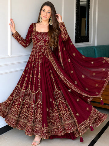 Traditional Maroon Silk Anarkali Suit Set