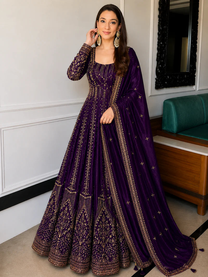 Purple Crunchy Silk Embroidered Anarkali Suit Set