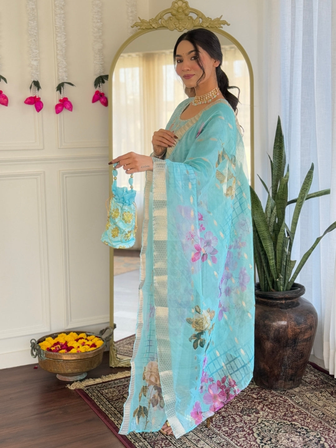 Aqua Bloom Floral Kurta Pant Dupatta Set