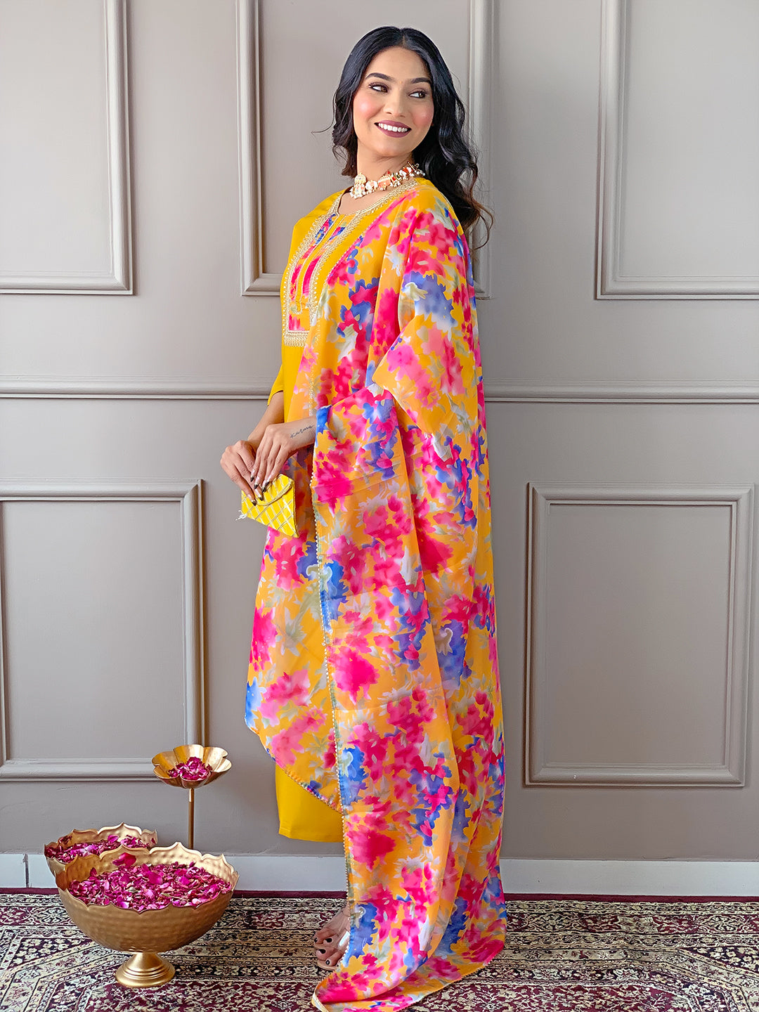Mustard Yellow Floral Dupatta Kurta Pant Set