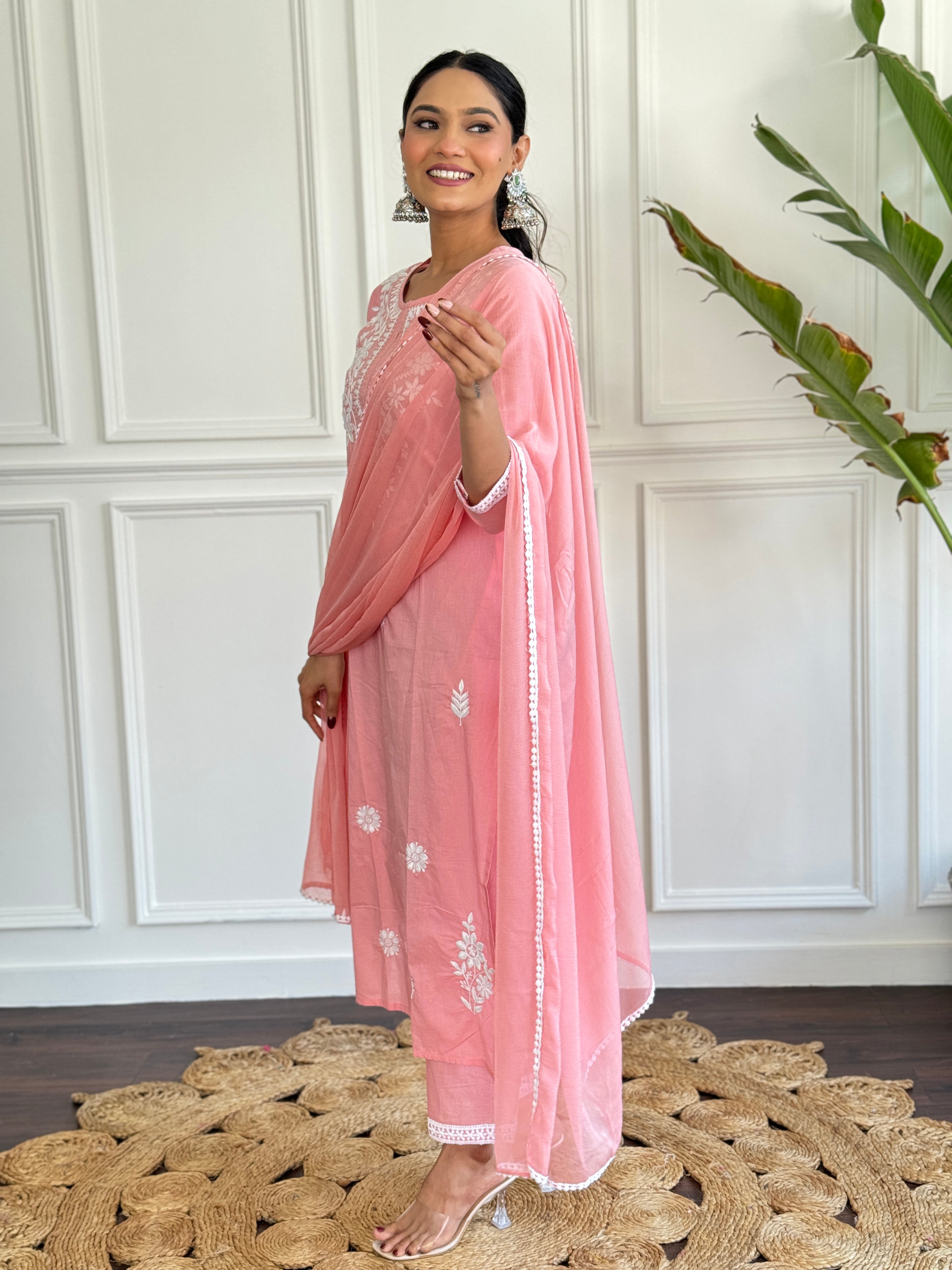 Pink Floral Embroidered Kurta Pant