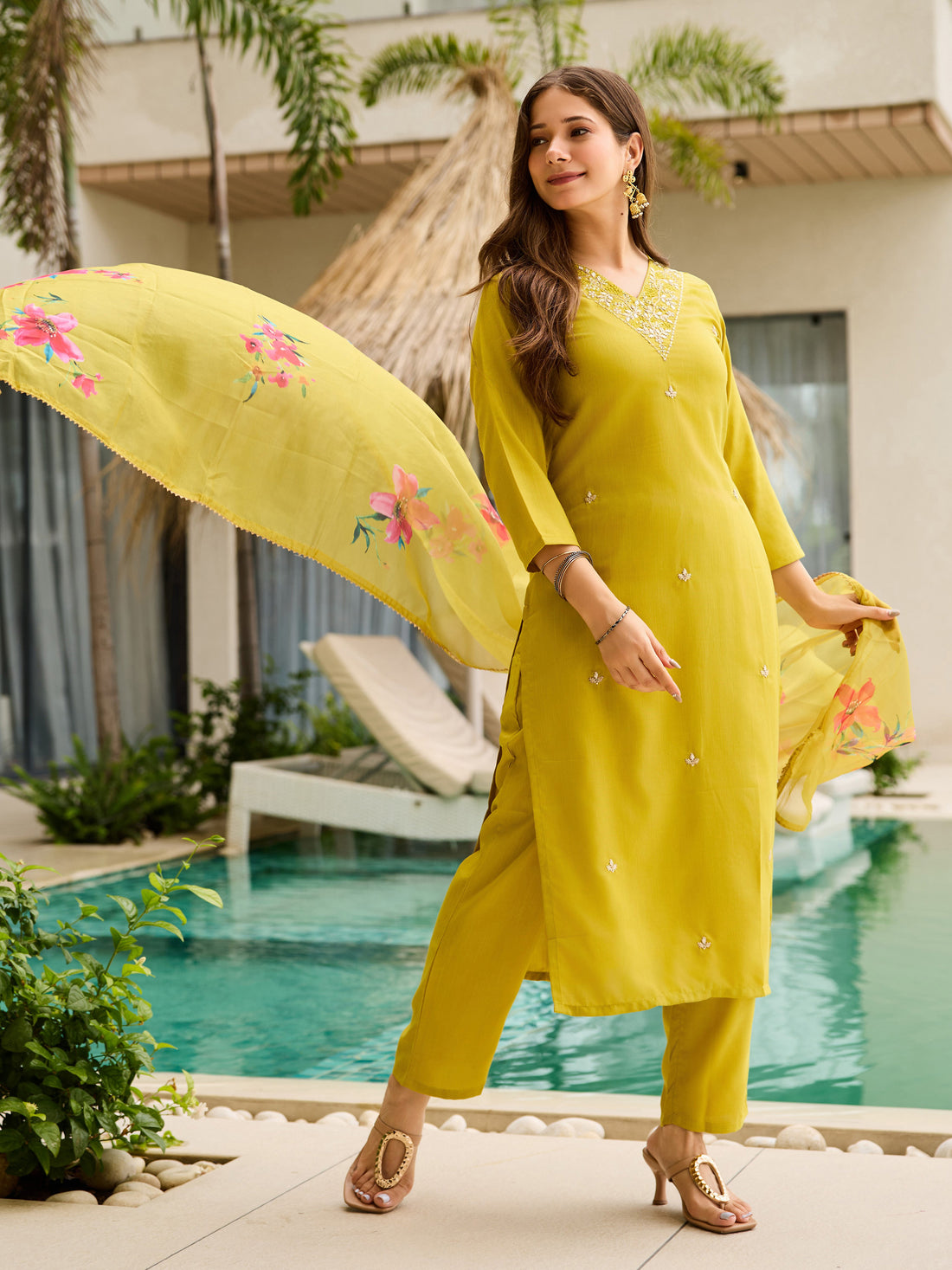 Olive Lime Green Embroidered Suit Sets