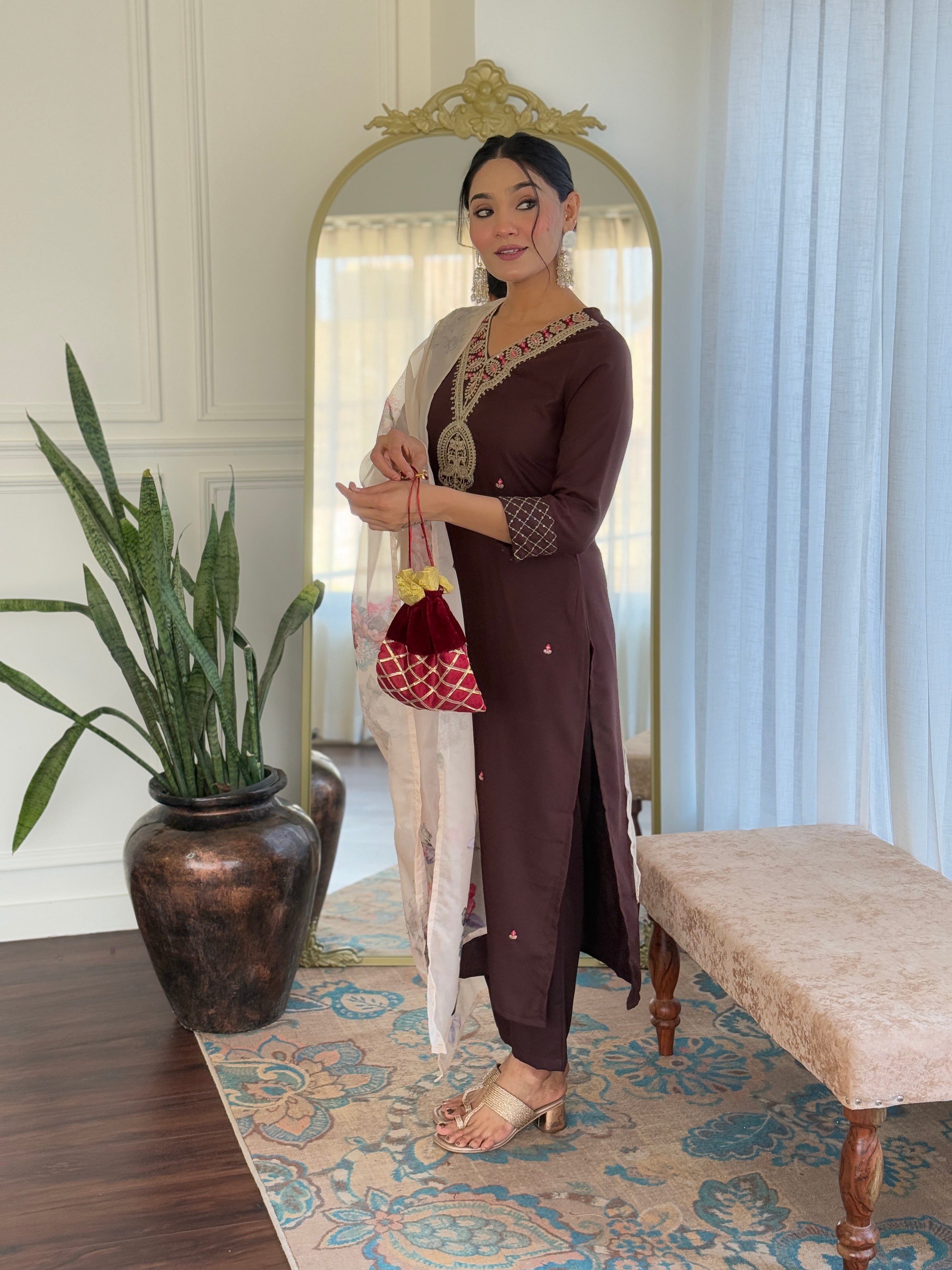 Mocha Rose Embroidered Kurta Pant
