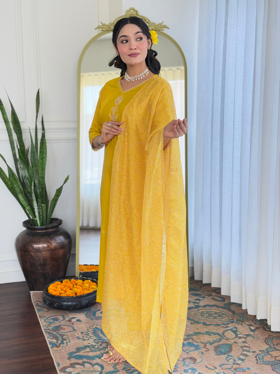 Mustard Yellow Embroidered Kurta Pant Set
